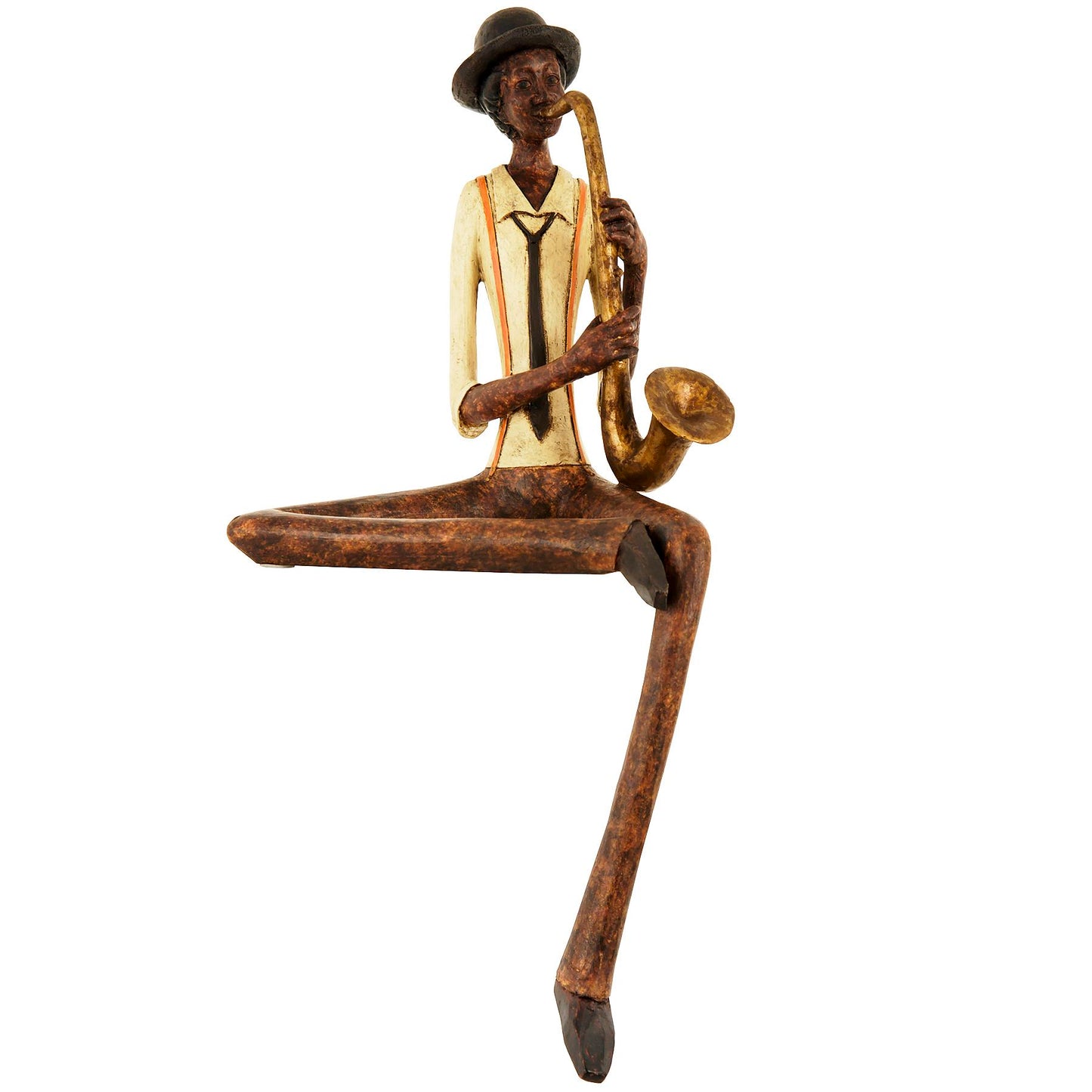 Sitting jazz figurine with brown and gold accents, elegantly crafted, playing saxophone, exuding charm and sophistication.