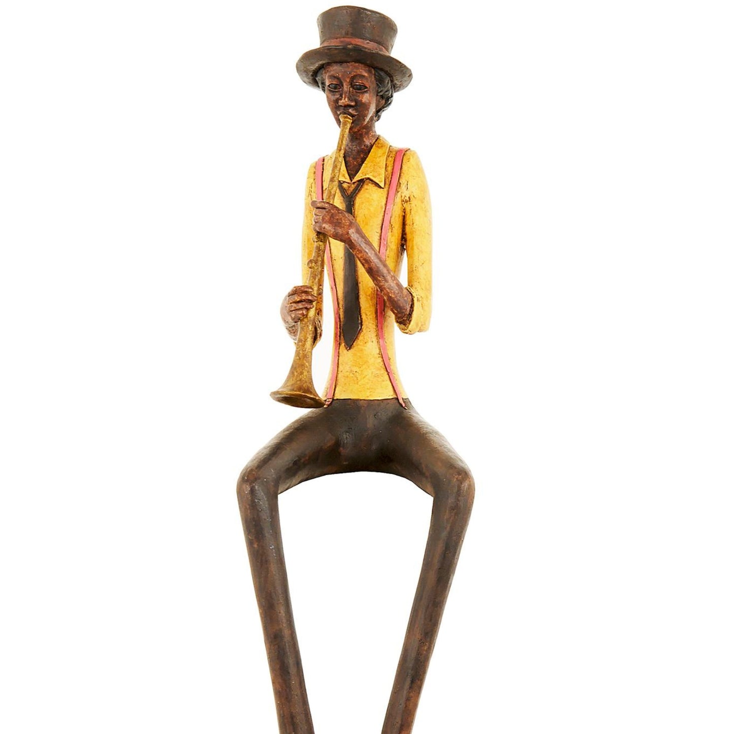 Sitting figurine of a jazz trumpeter in a yellow shirt and brown pants, capturing vintage musical charm with intricate details.