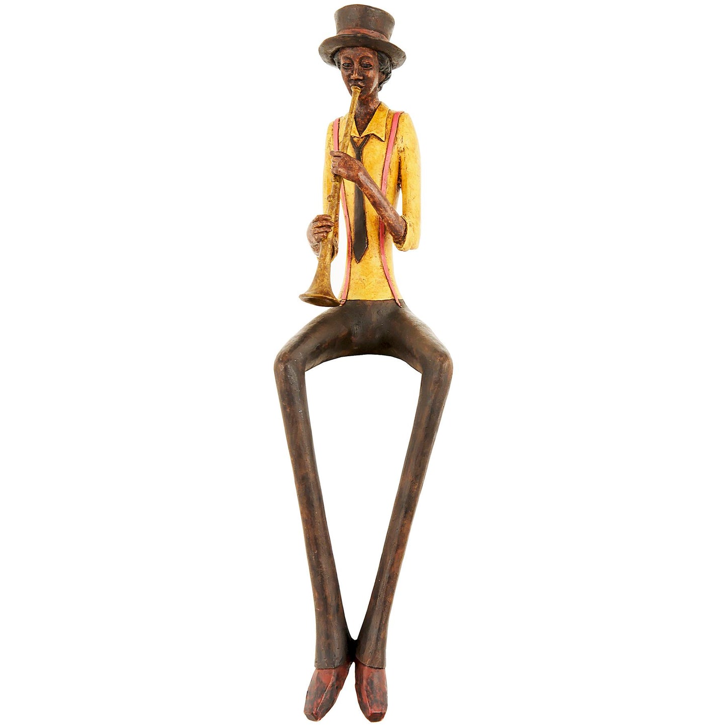 Sitting jazz band trumpeter figurine with intricate details, dressed in vintage-style yellow shirt and black hat, exuding musical charm.