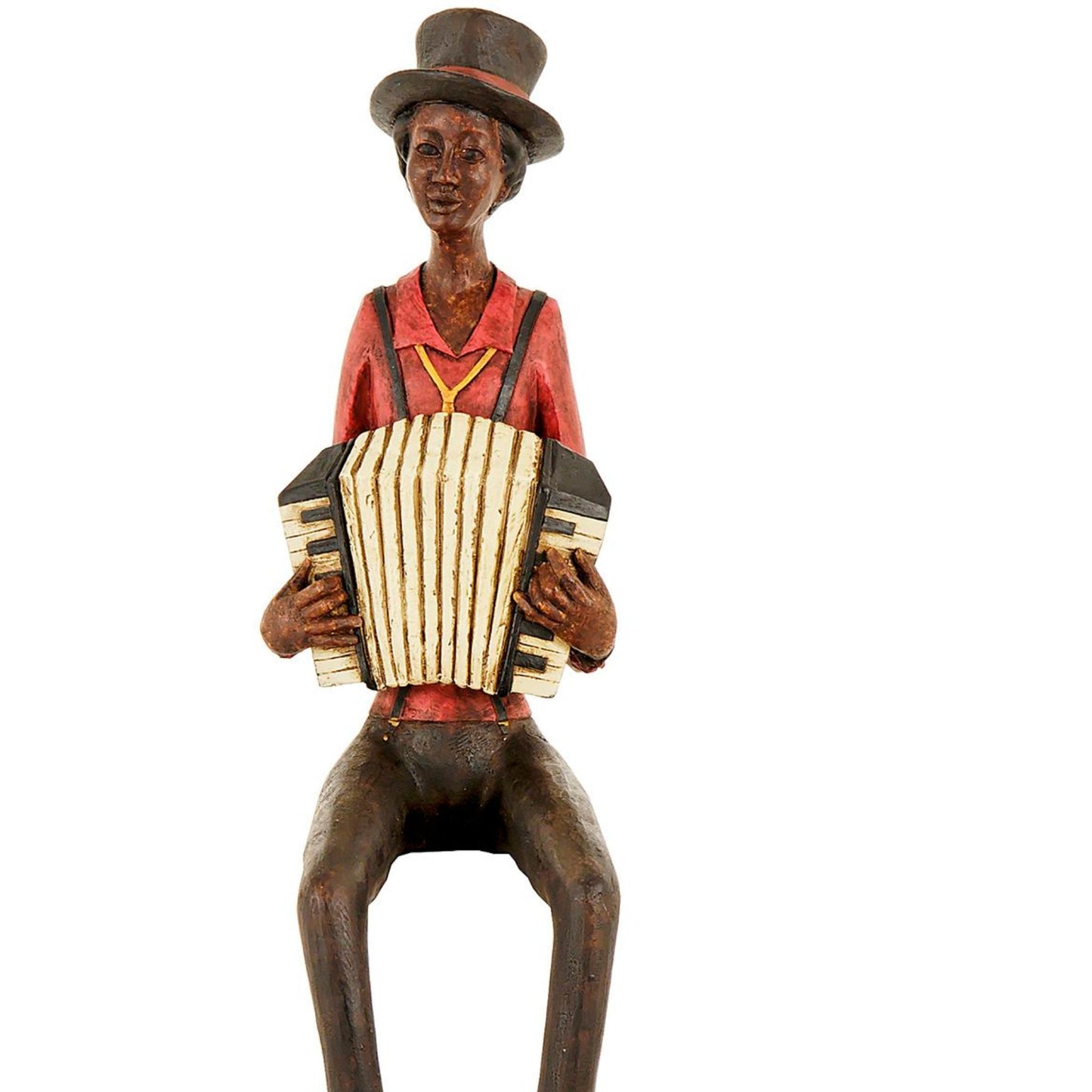 Elegant figurine of a seated jazz musician in a red outfit, holding an accordion, exuding vintage charm and artistic detail.