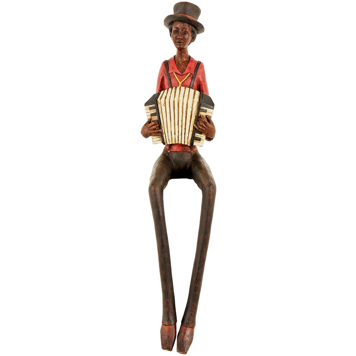 Sitting jazz band figurine, featuring a red and black musician with an accordion, elegantly crafted for vintage charm.