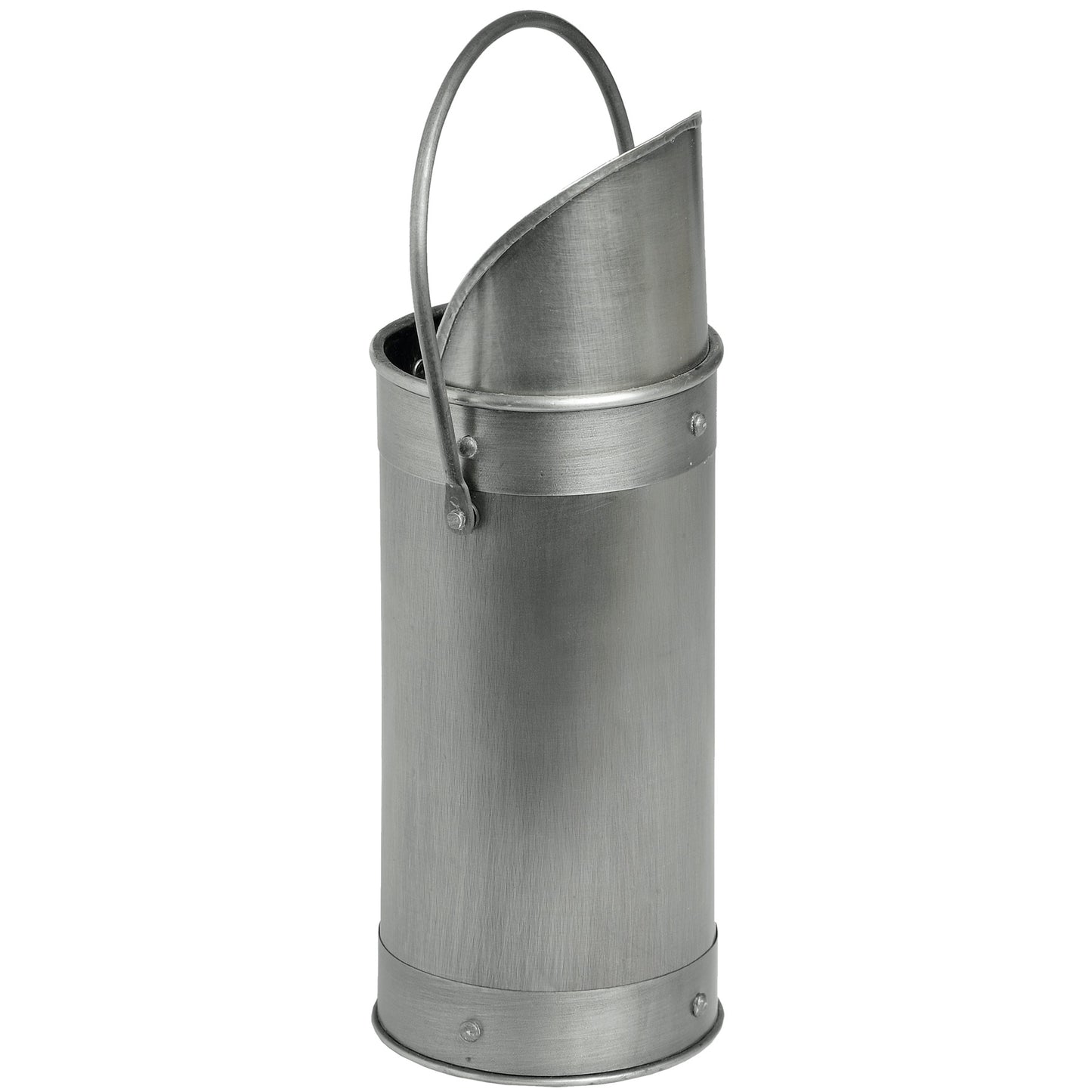 Antique pewter match holder in silver, cylindrical design with a side-mounted striker, elegantly holds 60 matches.