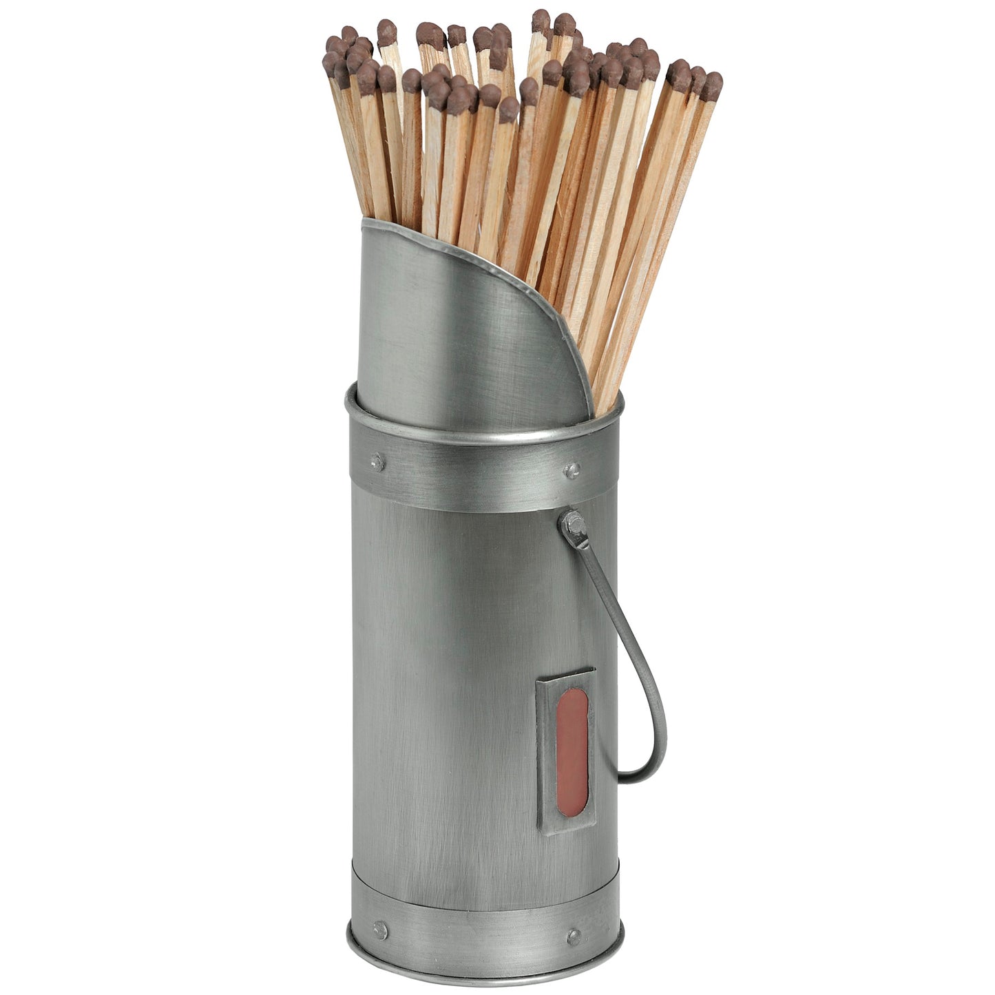 Antique pewter match holder in silver, features a curved top, holds 60 matches, with a side striker for easy lighting.