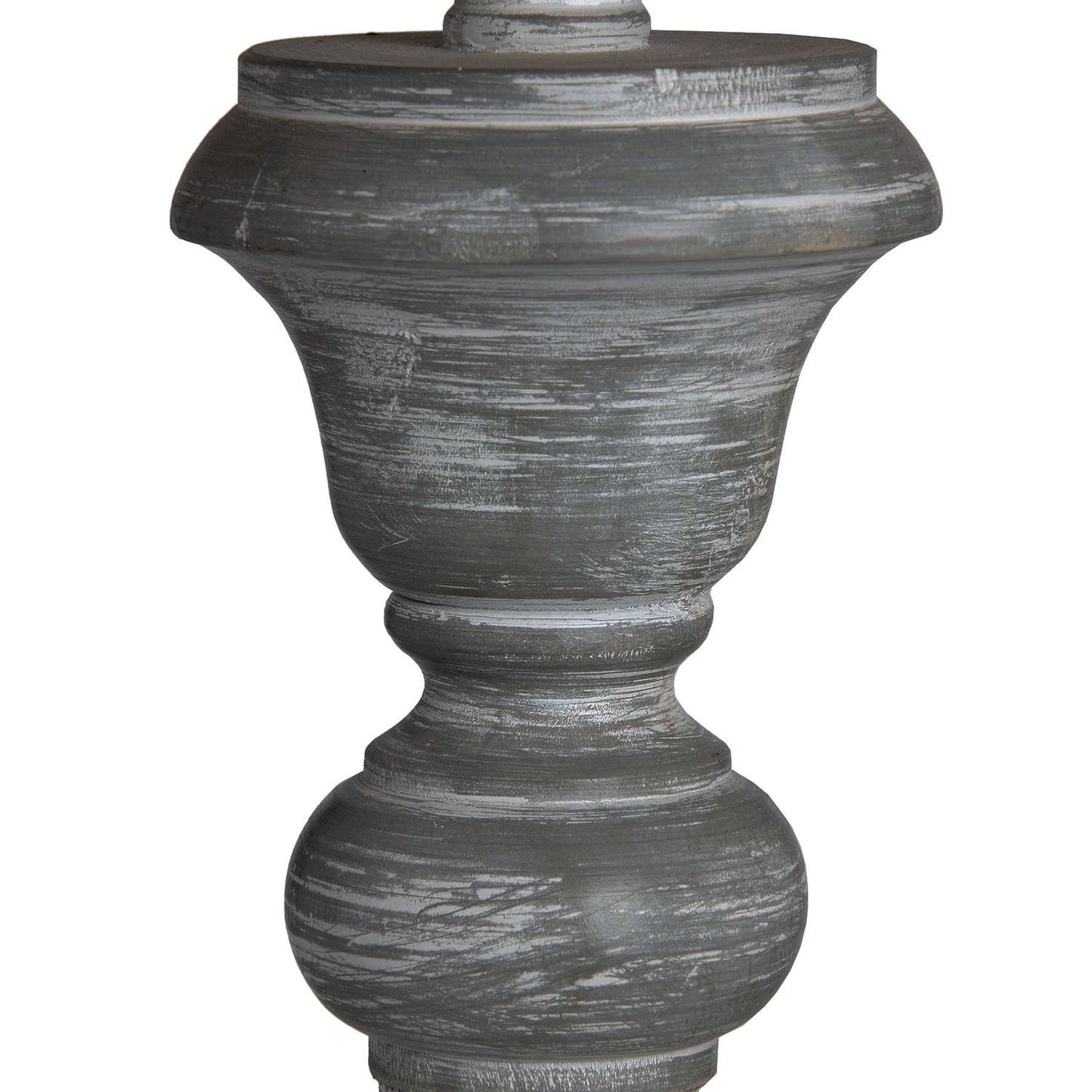 Elegant grey, whitewashed floor lamp base with intricate carved detailing, designed to enhance any living space ambiance.