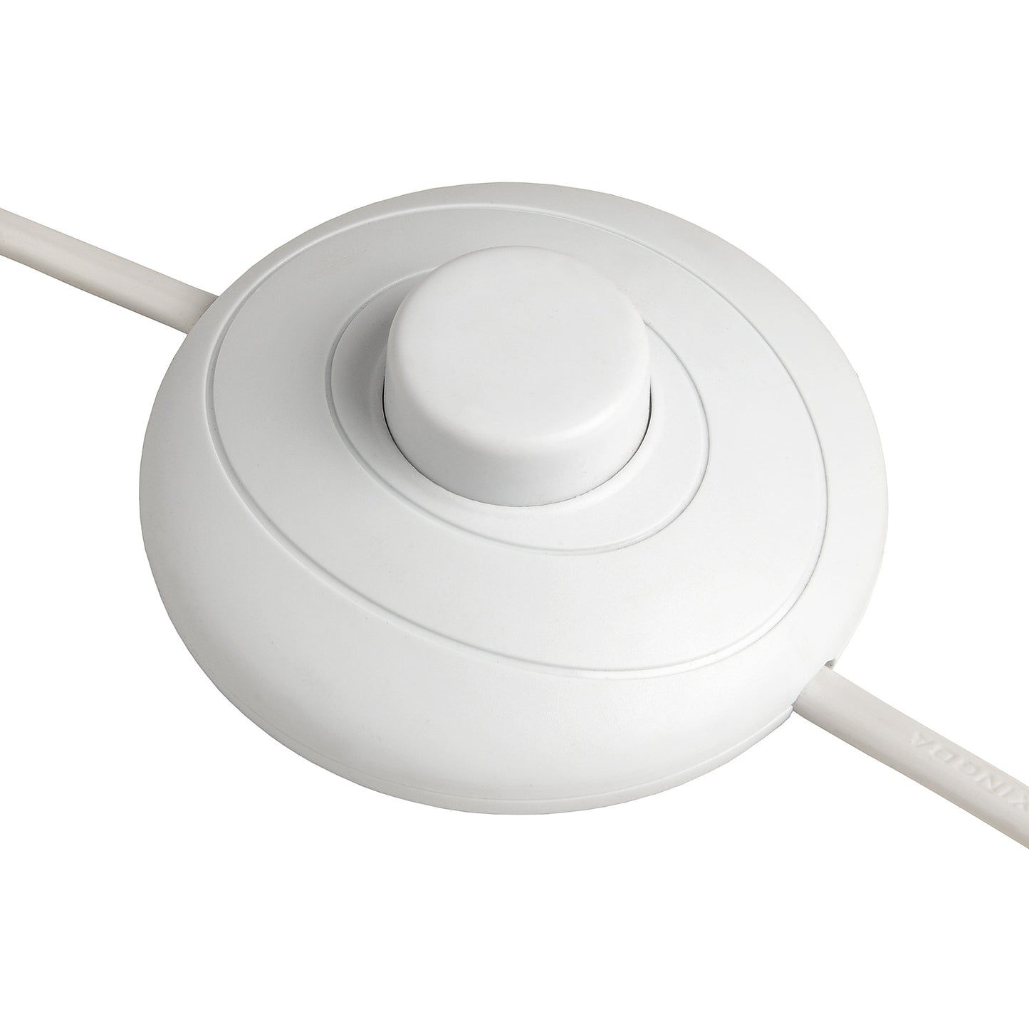 White, circular lamp switch with a smooth, raised center knob and attached light cord, designed for easy operation.