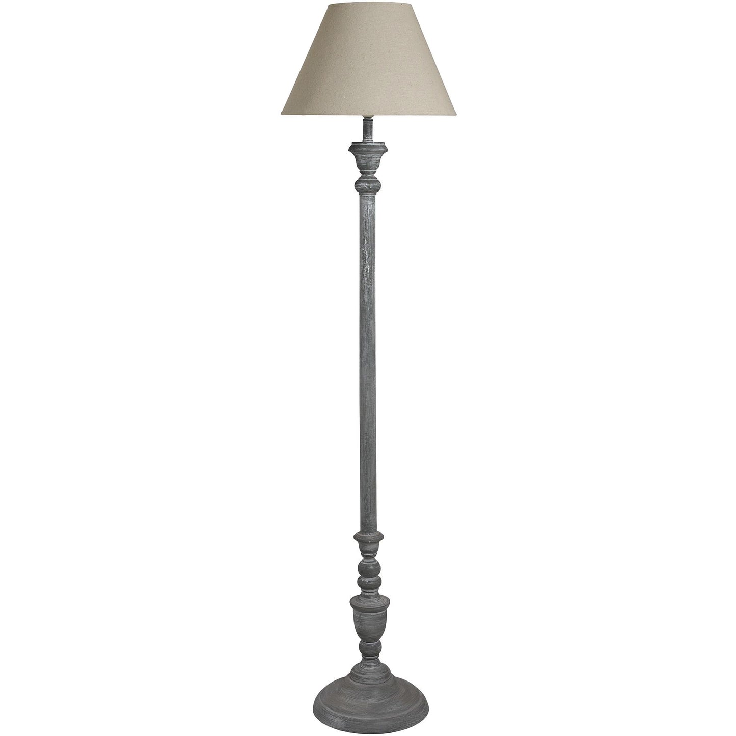 Sophisticated floor lamp with a grey, whitewashed base and a classic linen shade, perfect for warm, inviting spaces.