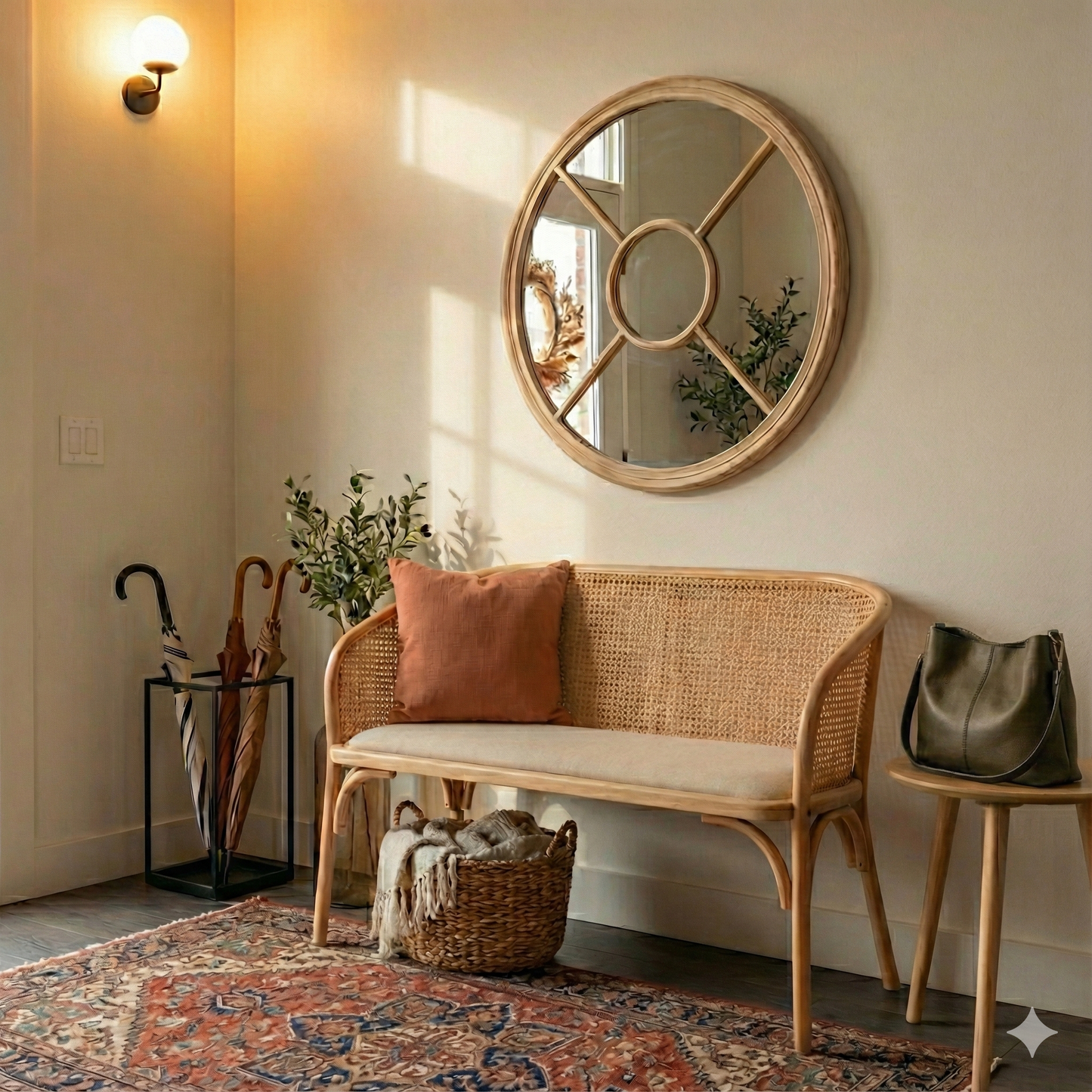 Pacific Natural Cane and Beech Wood Bench with Backrest