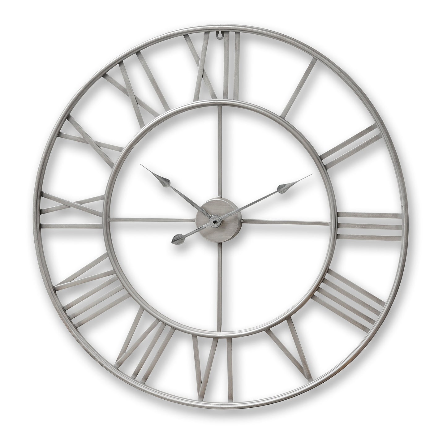 Large silver skeleton wall clock features an open-faced design with intricate gears, blending contemporary and industrial styles.
