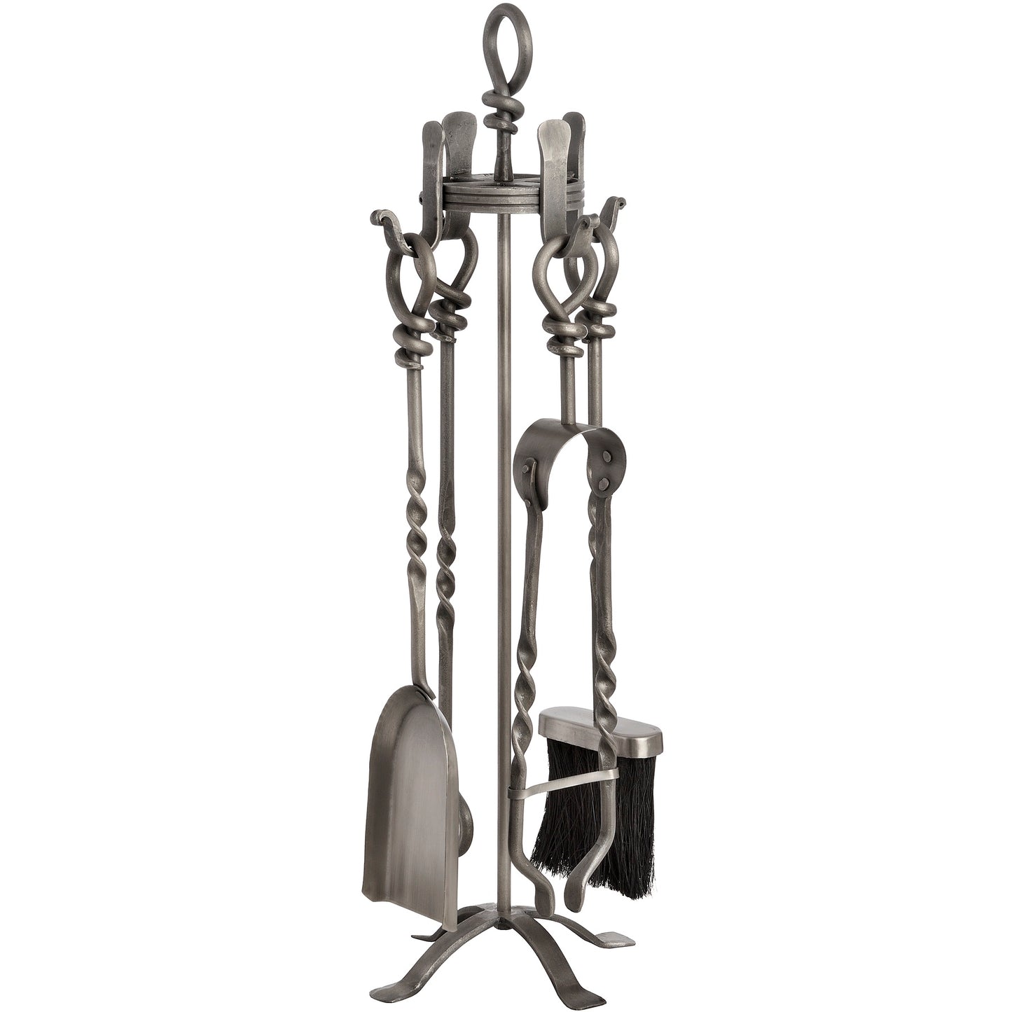 Handcrafted fireside companion set in elegant pewter finish, featuring a unique loop-top design and intricate detailing.