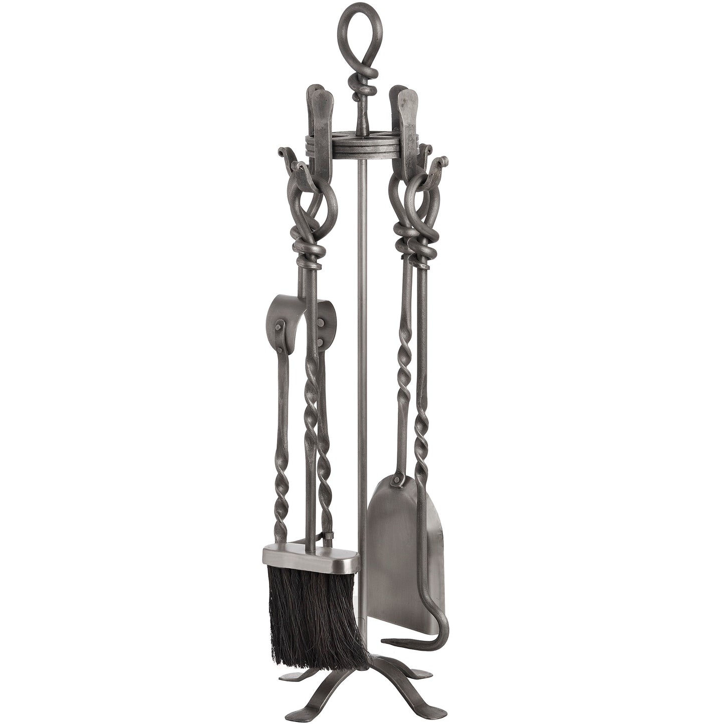 Elegant pewter companion set with hand-turned loop-top design, featuring a brush, shovel, and tongs for fireplace care.