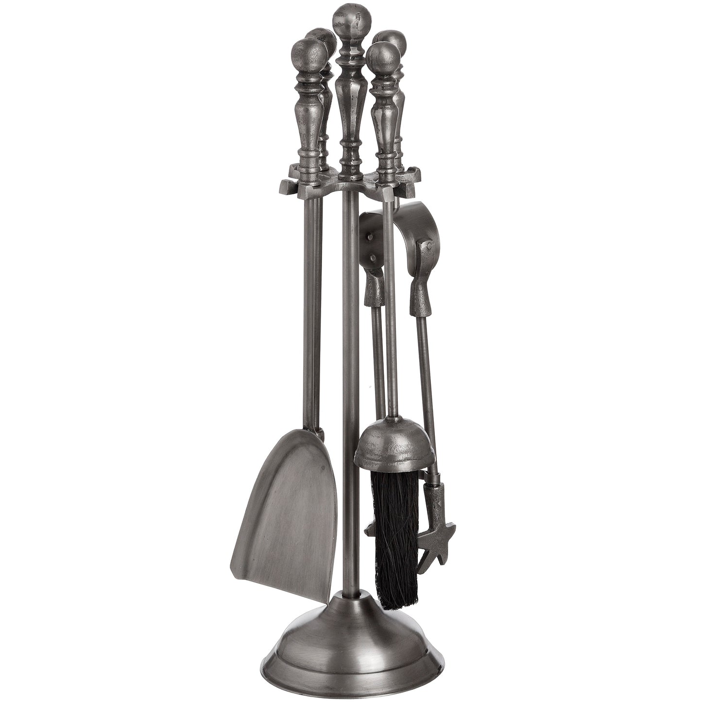 Antique pewter companion set with detailed handles, featuring essential fireplace tools on a sturdy stand, exuding sophistication.