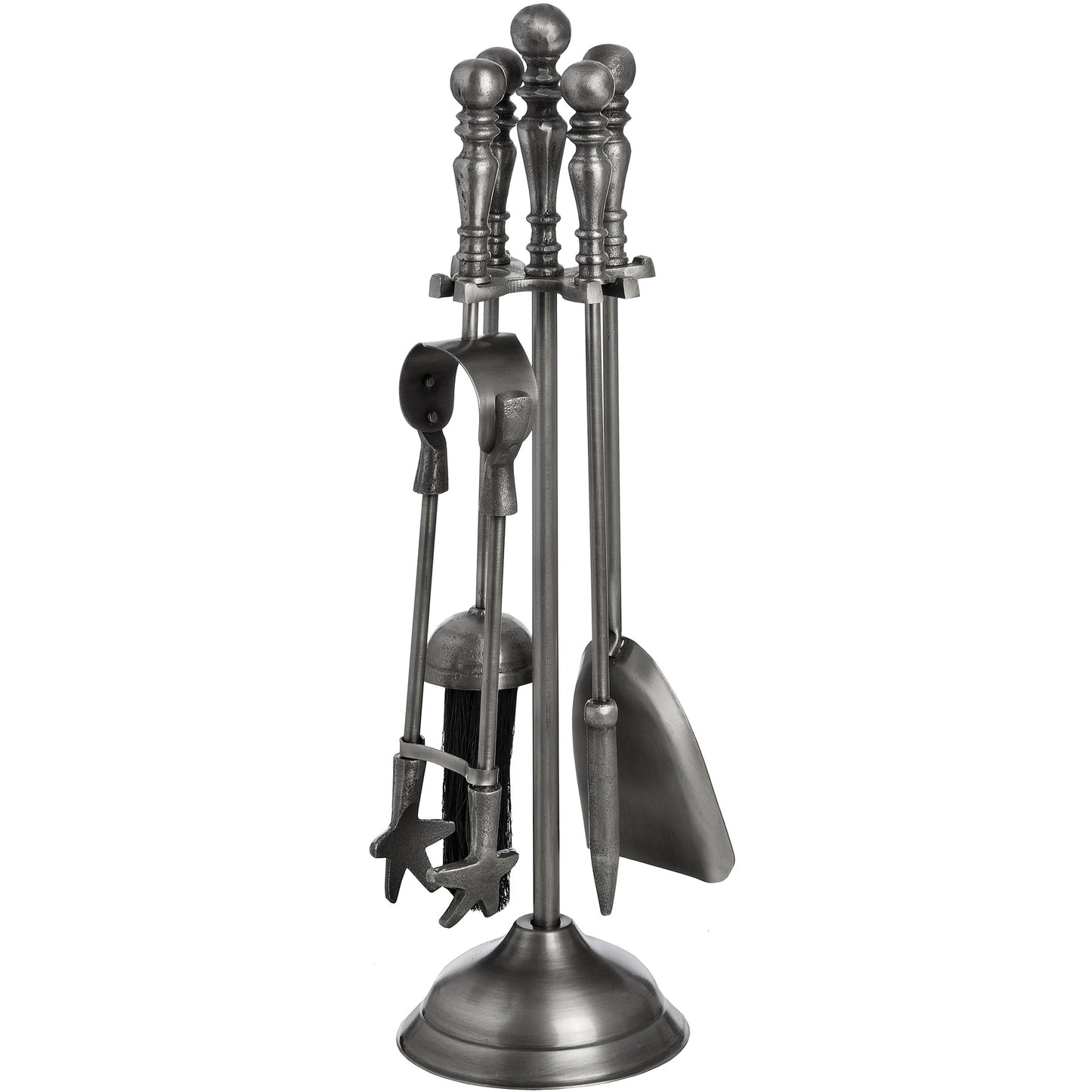 Antique pewter fireside companion set with four tools, featuring detailed handles and a sturdy stand, exuding timeless elegance.
