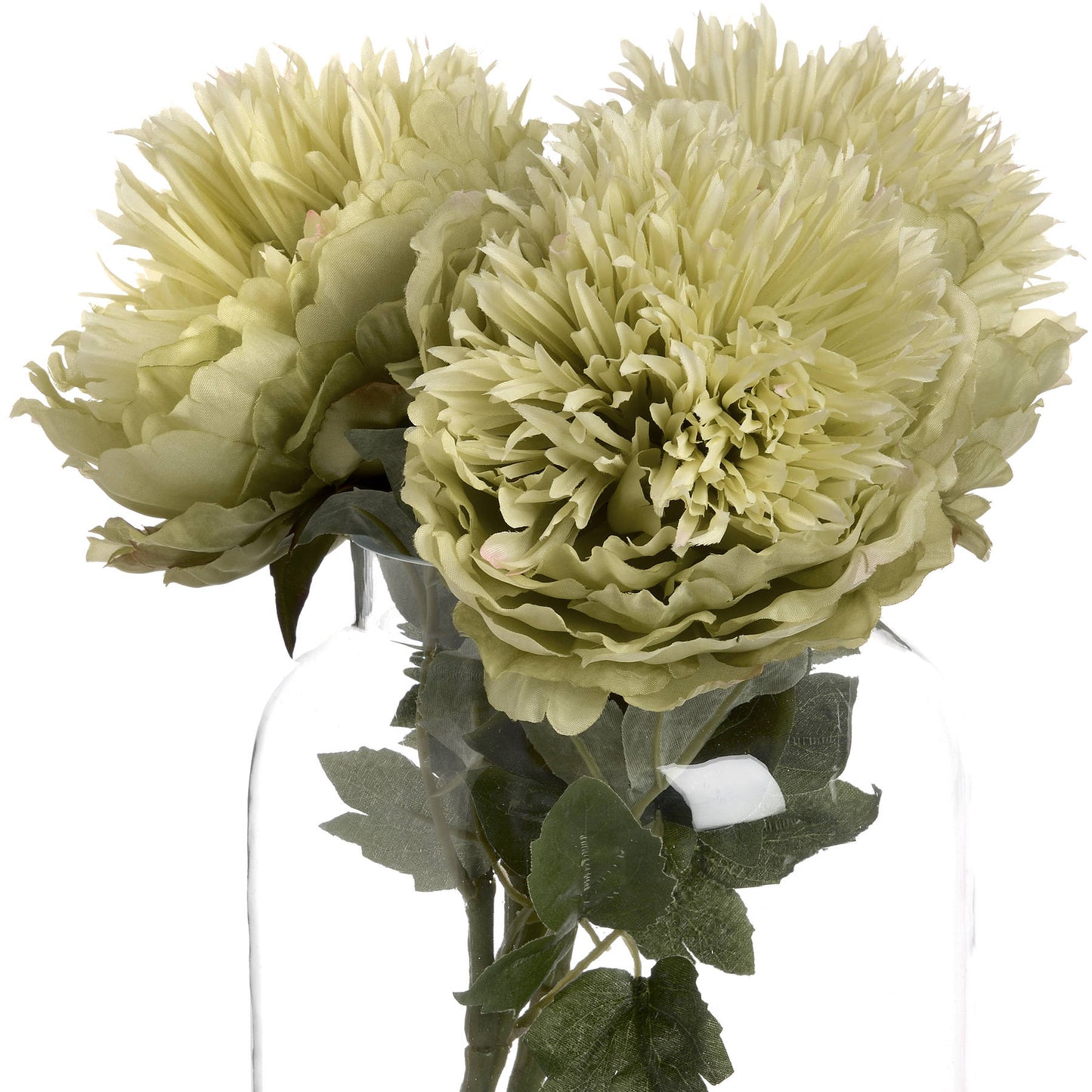 Soft, sage-green artificial peony blooms with realistic petals and lush greenery, elegantly arranged in a clear vase.