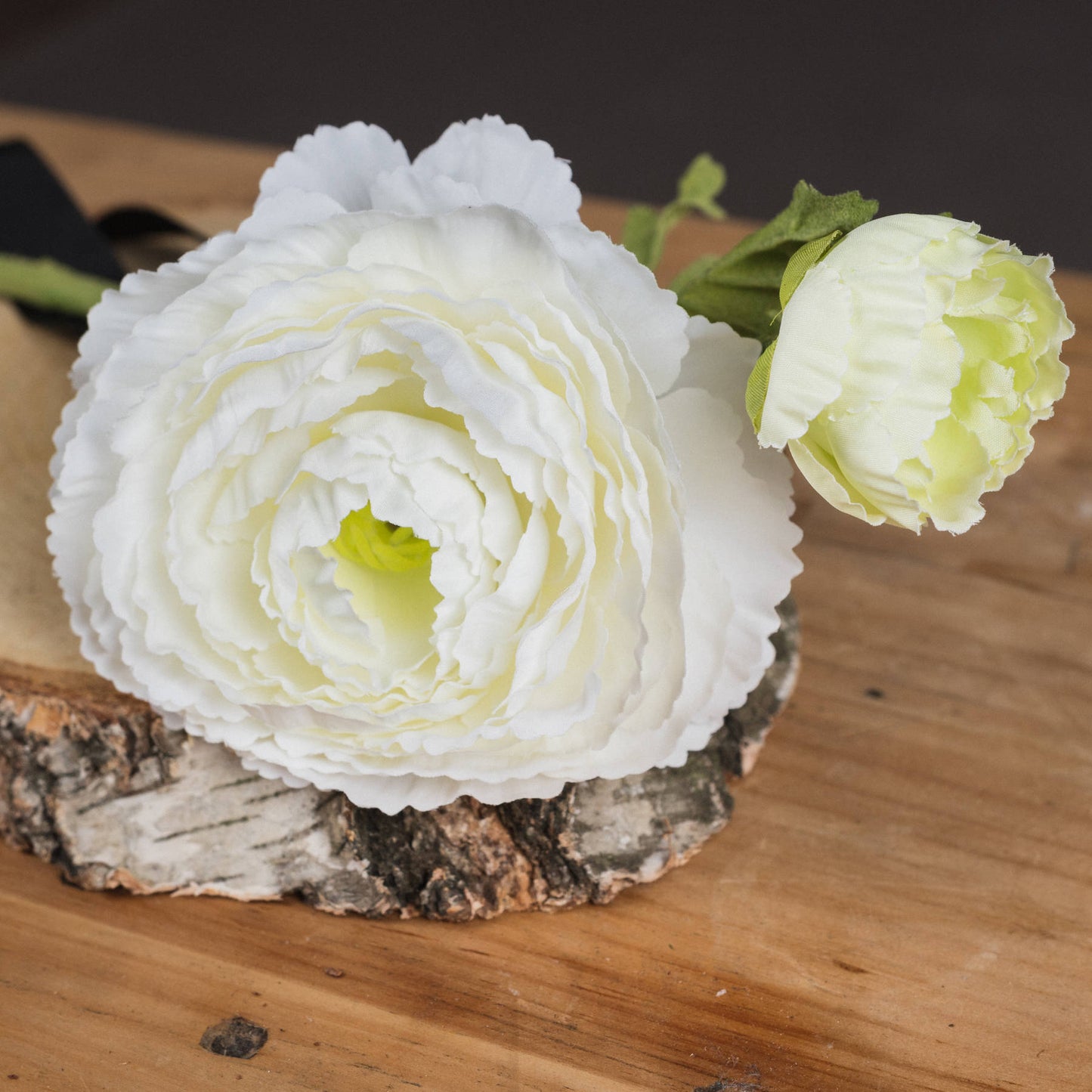 White Ranunculus spray featuring layered petals in soft white, complemented by a delicate green bud, resting on natural wood.