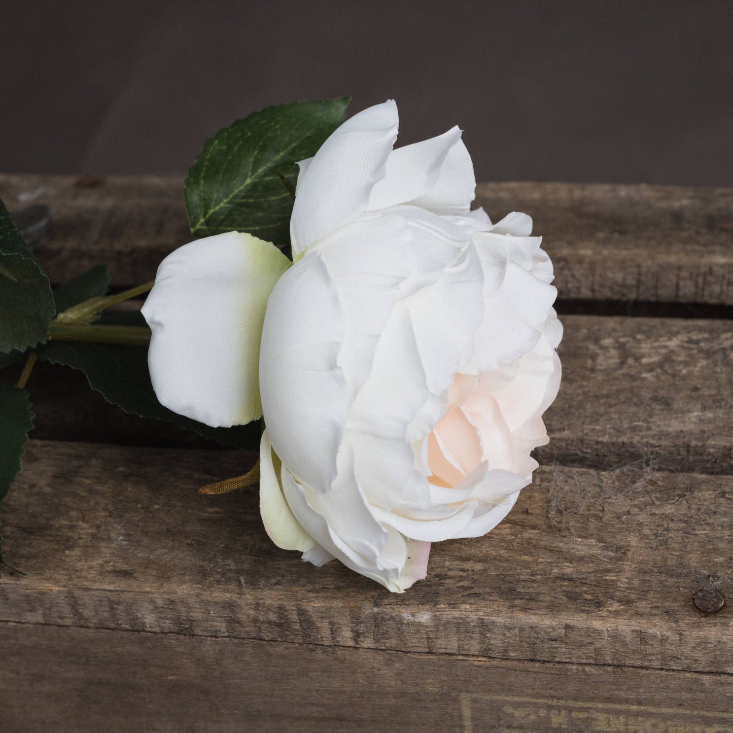Single stem artificial blush garden rose with soft white petals and subtle peach center, complemented by green leaves, resting on rustic wood.