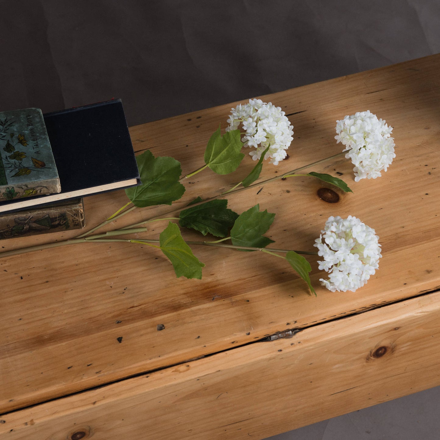 Realistic white viburnum opulus flowers on slender stems, accompanied by green leaves, arranged on a wooden surface with books.