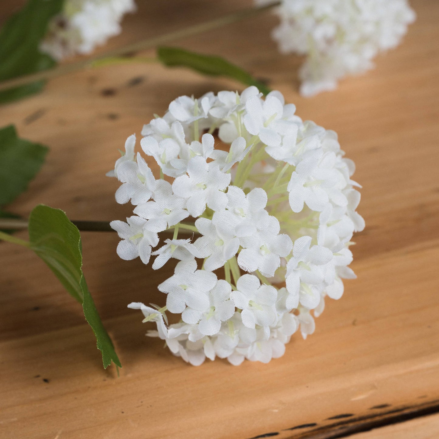 Lifelike white corymbs atop slender branches, complemented by green leaves, create elegant charm in a minimalist design.