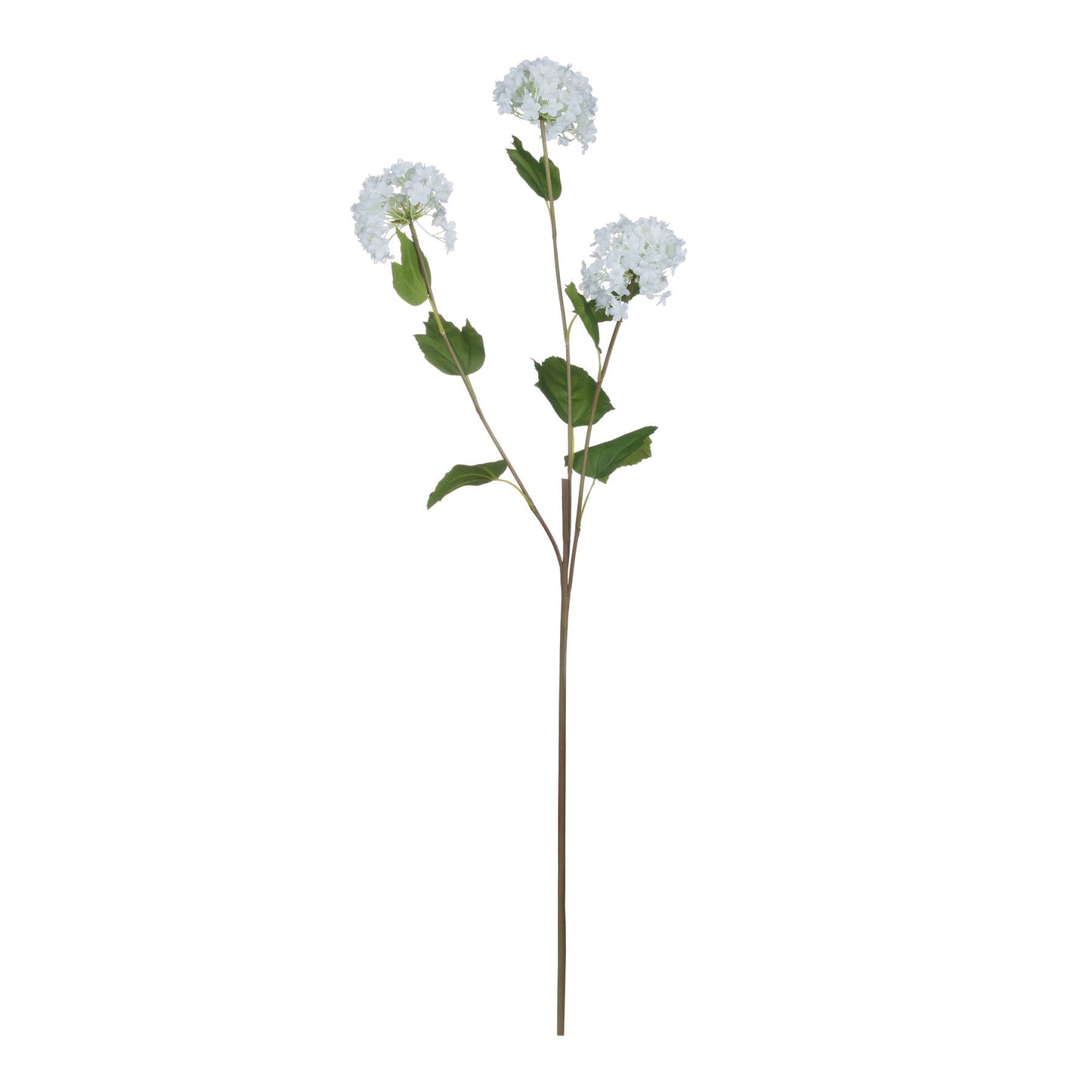 Realistic white corymbs atop slender branches with green leaves, ideal for elegant year-round floral displays.