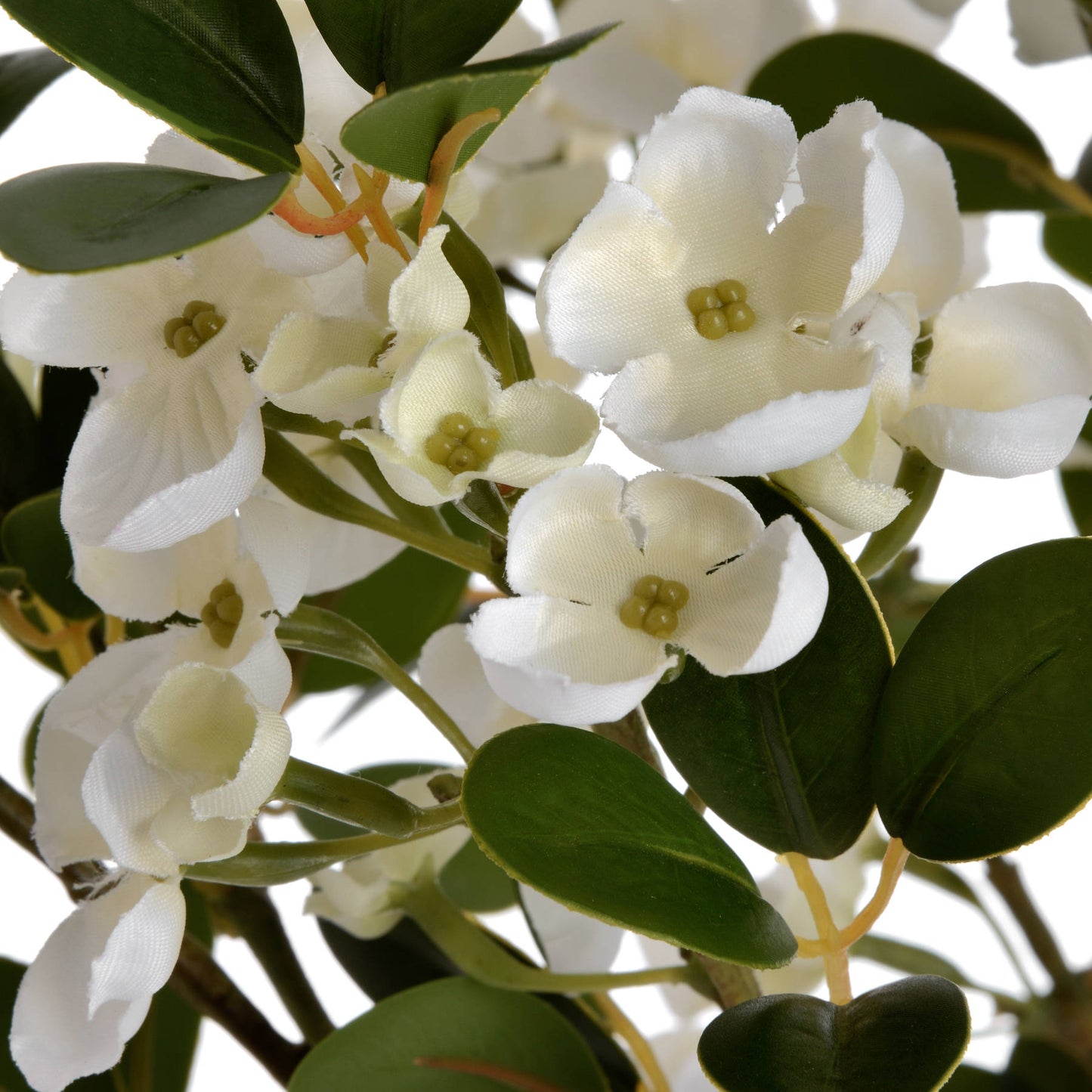 Lifelike white mock orange flowers with detailed petals and green leaves, perfect for elegant floral displays.