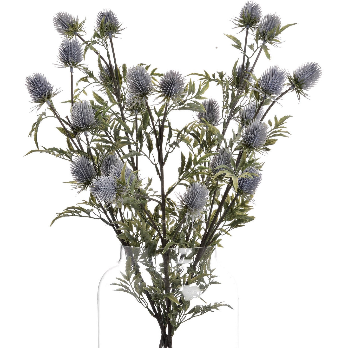 Lifelike blue thistle with powder-blue petals and green foliage, elegantly arranged in a clear vase, ready for coastal or rustic decor.
