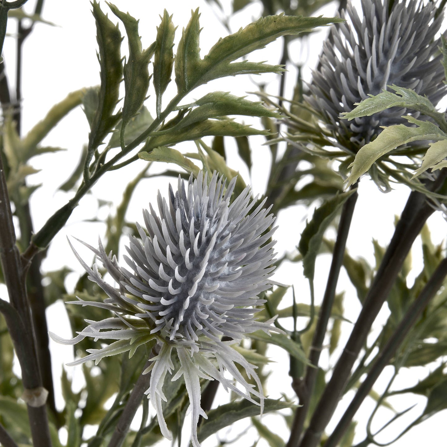 Lifelike blue thistle with textured, powder-blue petals and green foliage, perfect for elegant coastal or rustic decor.