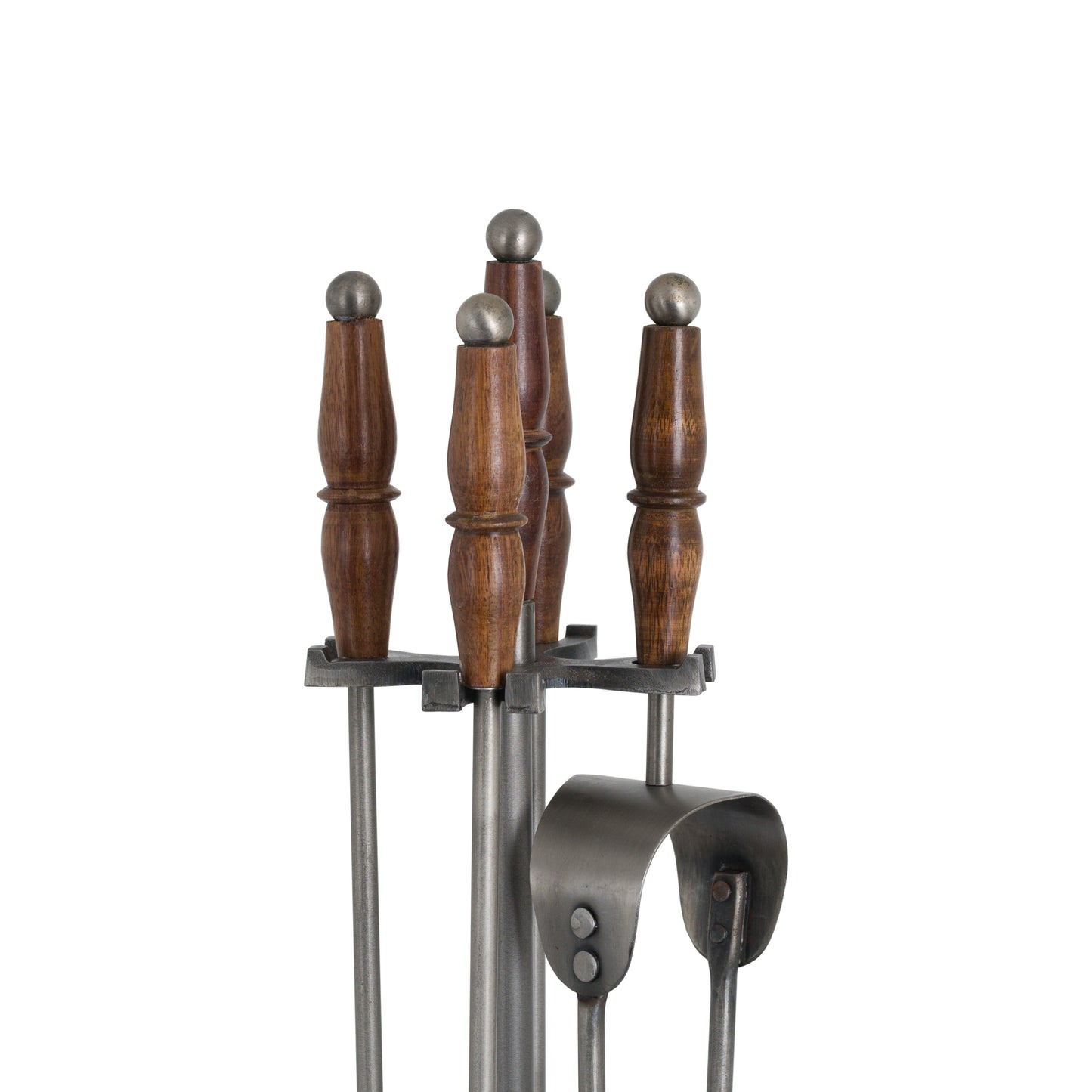 Elegant fireside companion set featuring hand-turned wooden handles and a rich antique pewter finish, blending classic charm with functionality.