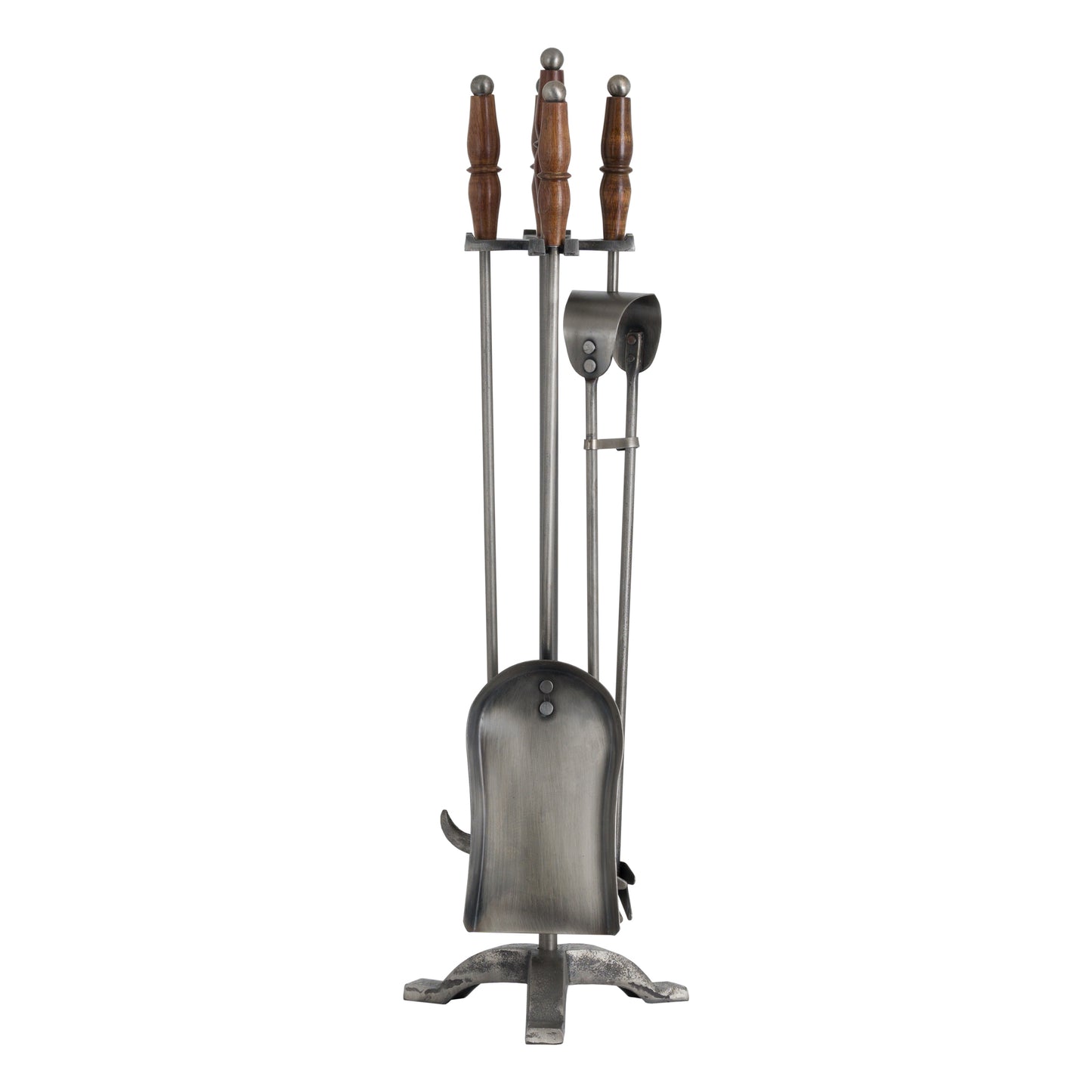 Hand-turned fire companion set in antique pewter, featuring elegant wooden handles; perfect for enhancing fireside aesthetics.
