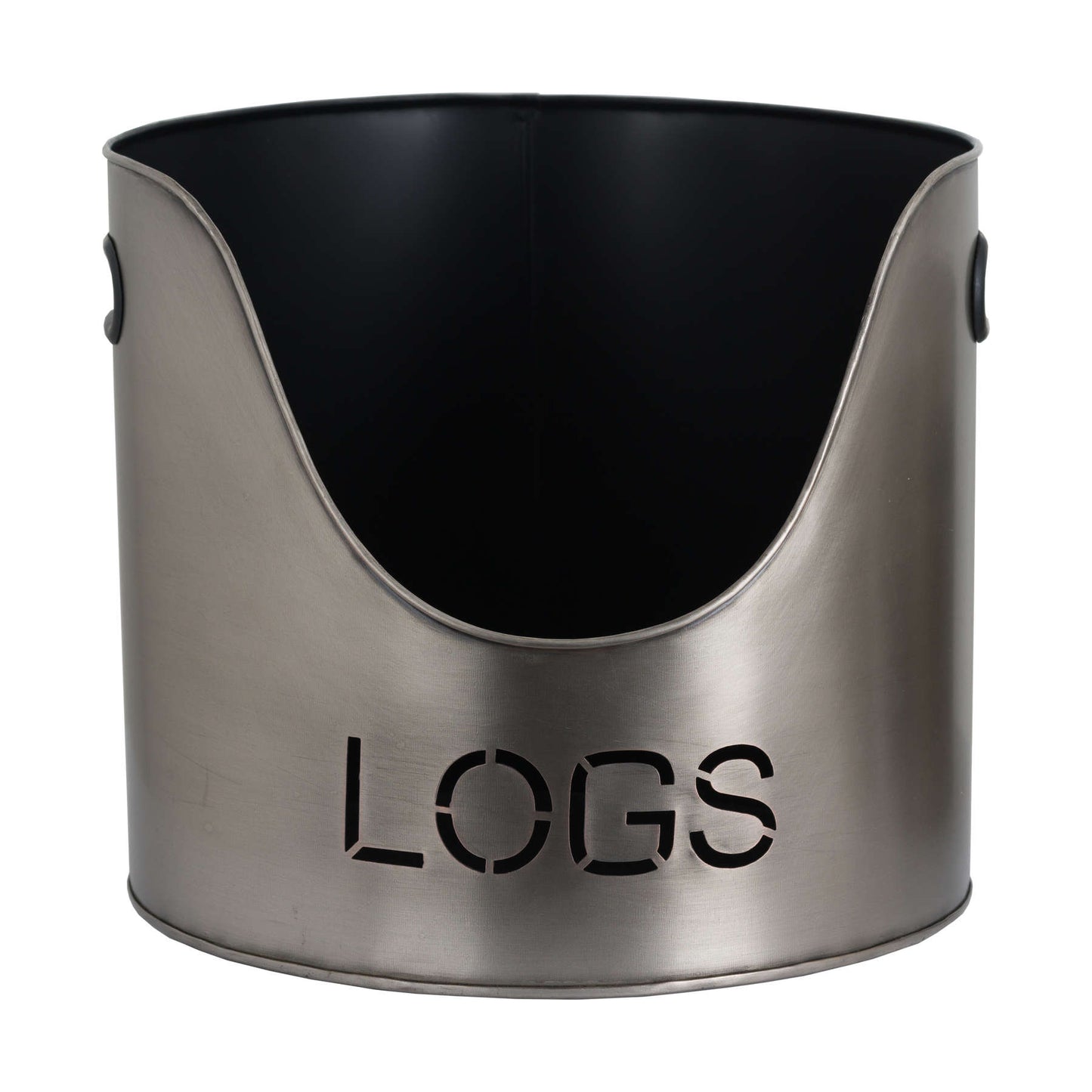 Aged pewter bucket with a sleek design, labeled "LOGS," and a contrasting black interior, ideal for fireside use.