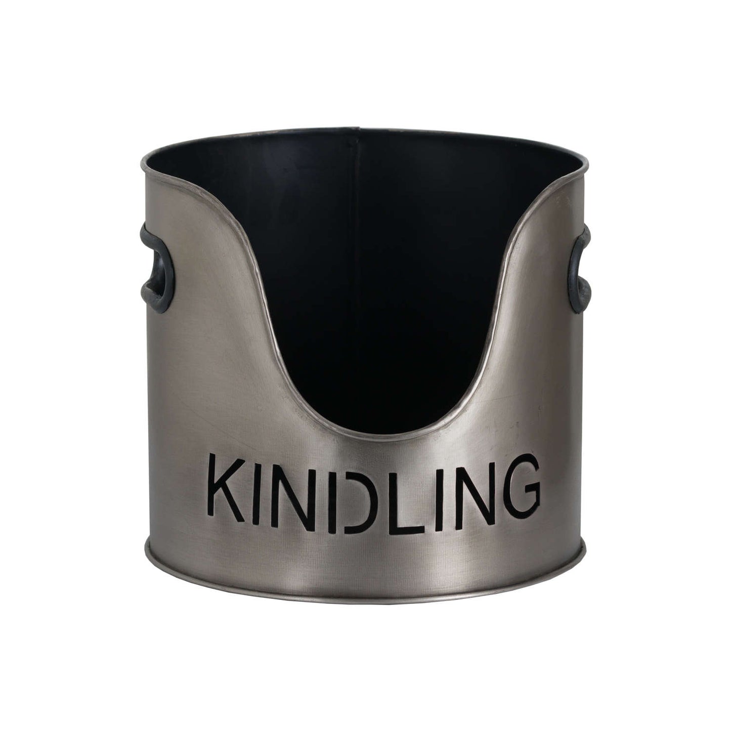 Aged pewter kindling bucket with a sleek design, featuring cutout lettering spelling "KINDLING" and rounded edges for modern elegance.