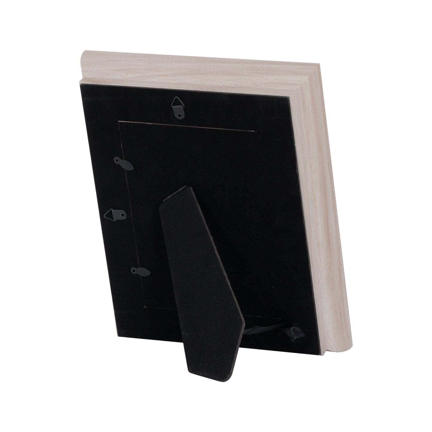 A white washed wooden photo frame with a sleek finish, designed for 5x7 photos, featuring a stand for display.