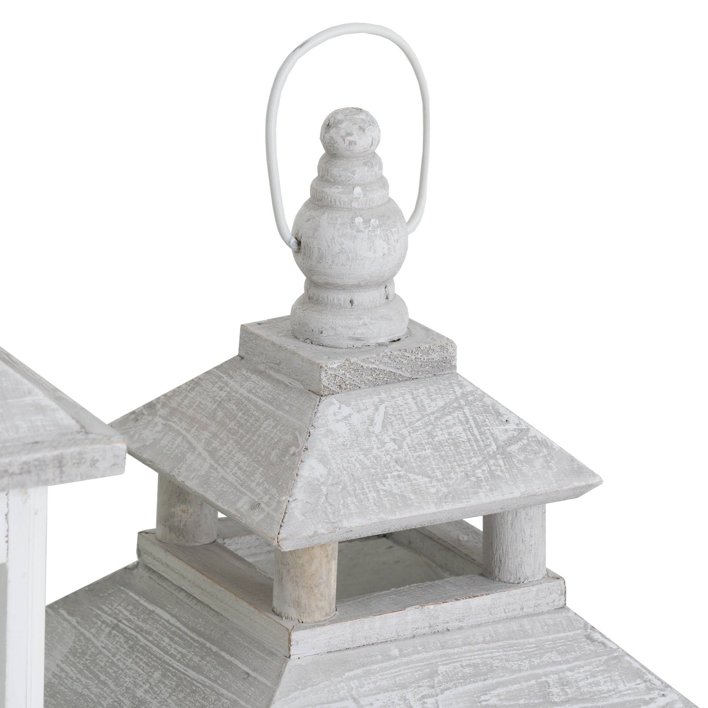 Elegant white lantern with a window-inspired design, featuring intricate detailing and a classic open top for versatile decor.