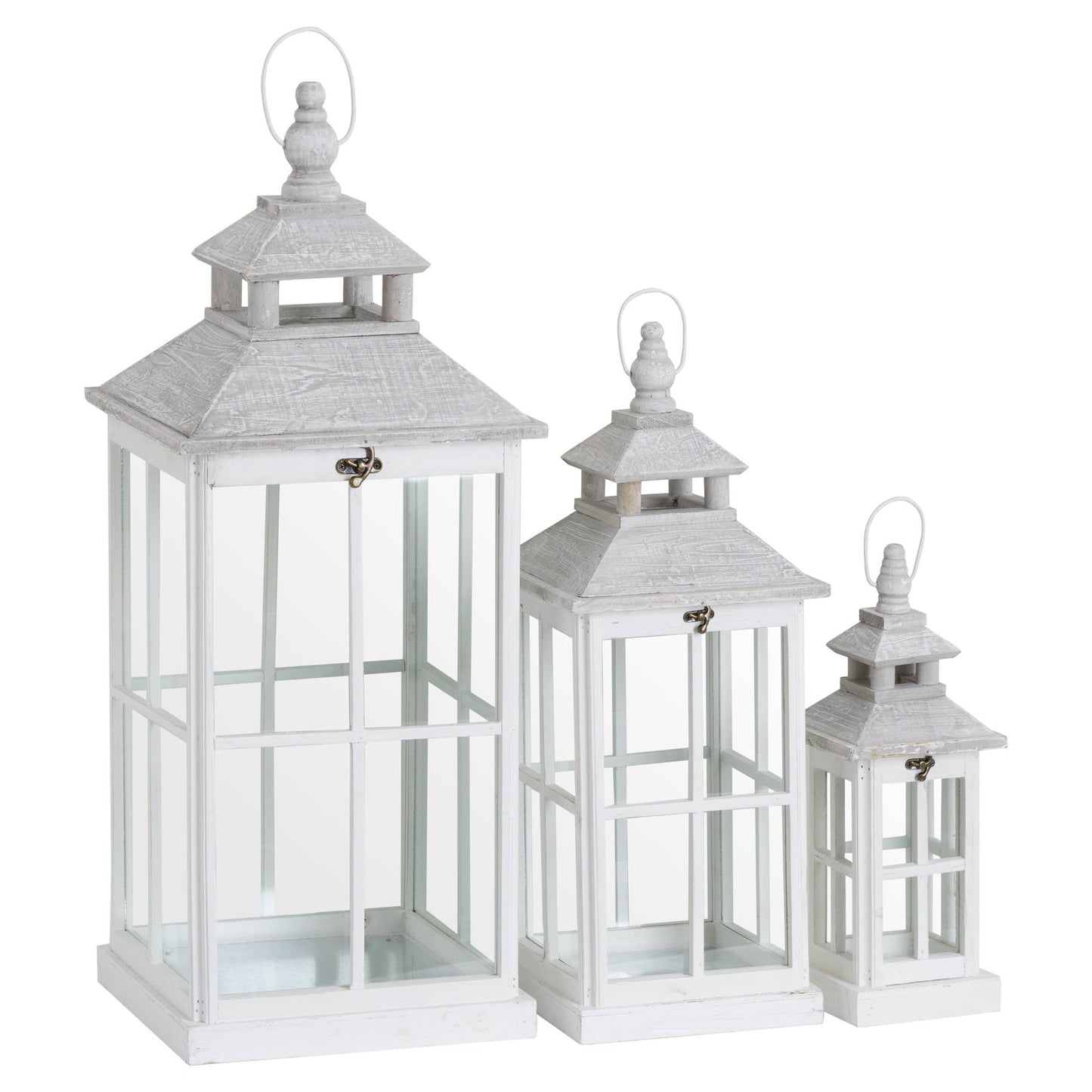 Set of 3 elegant white lanterns in varied heights, featuring a window-inspired design and intricate detailing, perfect for cozy decor.