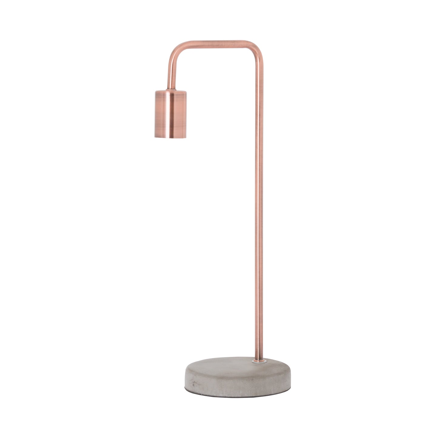 Sleek copper table lamp with a curved neck and minimalist stone base, exuding industrial charm for modern interiors.