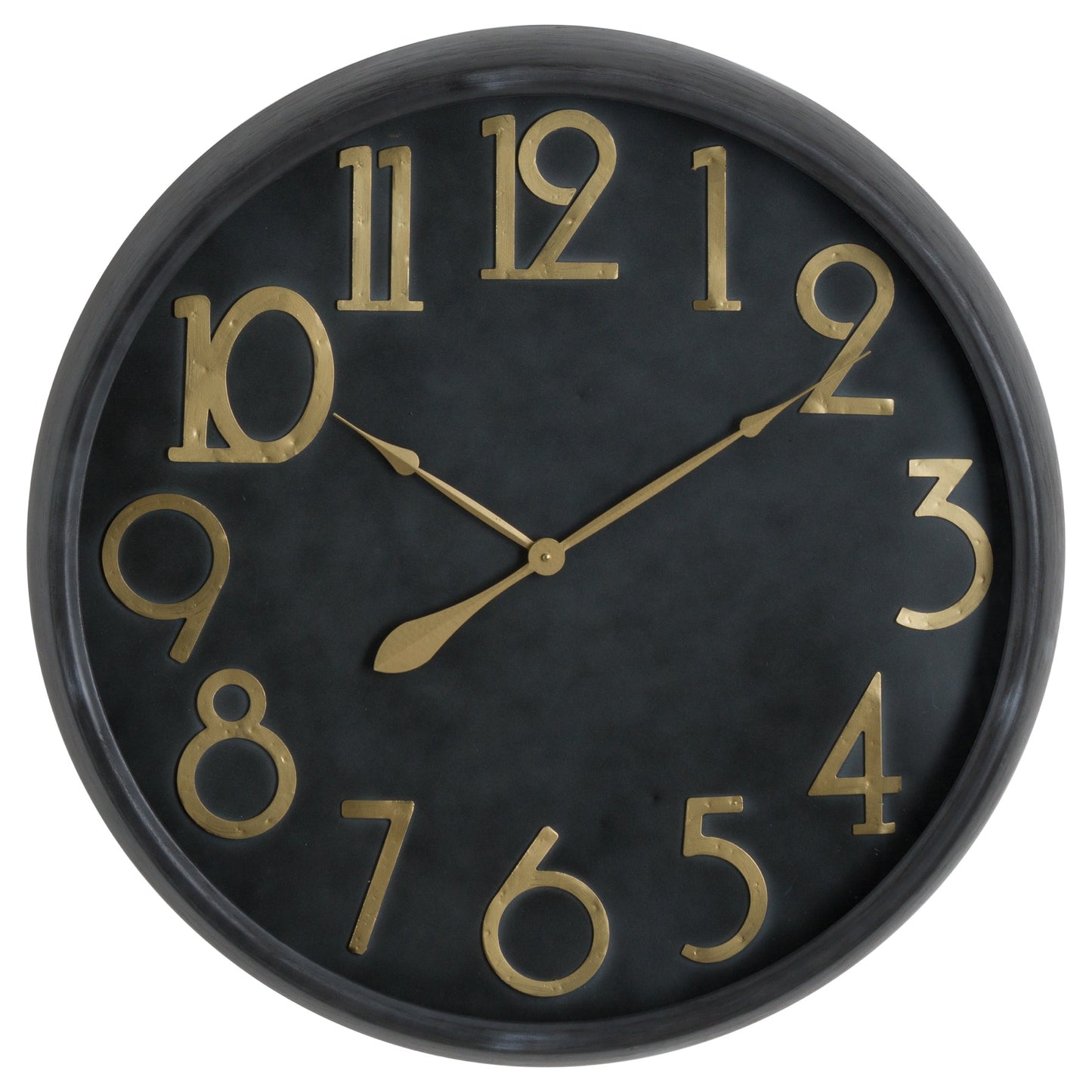 Large black wall clock with brass numerals and hands, blending vintage charm with contemporary design for elegant home decor.