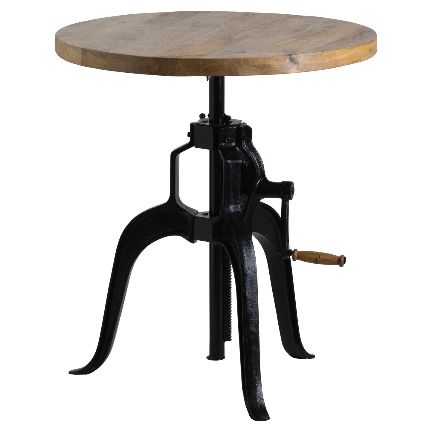 Adjustable bar bistro table featuring a rustic weathered wood top and sturdy black metal legs, showcasing industrial design.