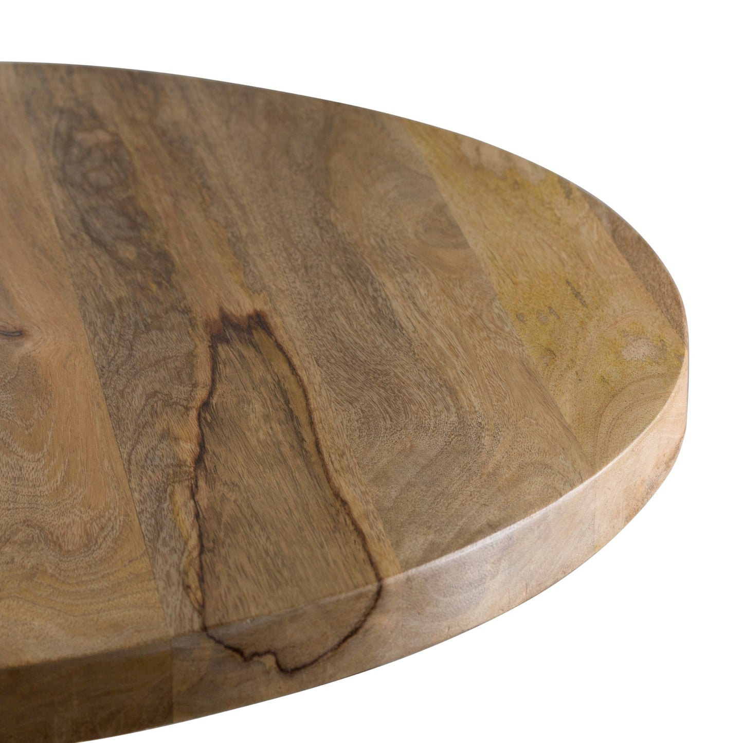 Round hardwood table surface showcasing natural wood grain features, highlighting warm tones and a smooth, polished edge.