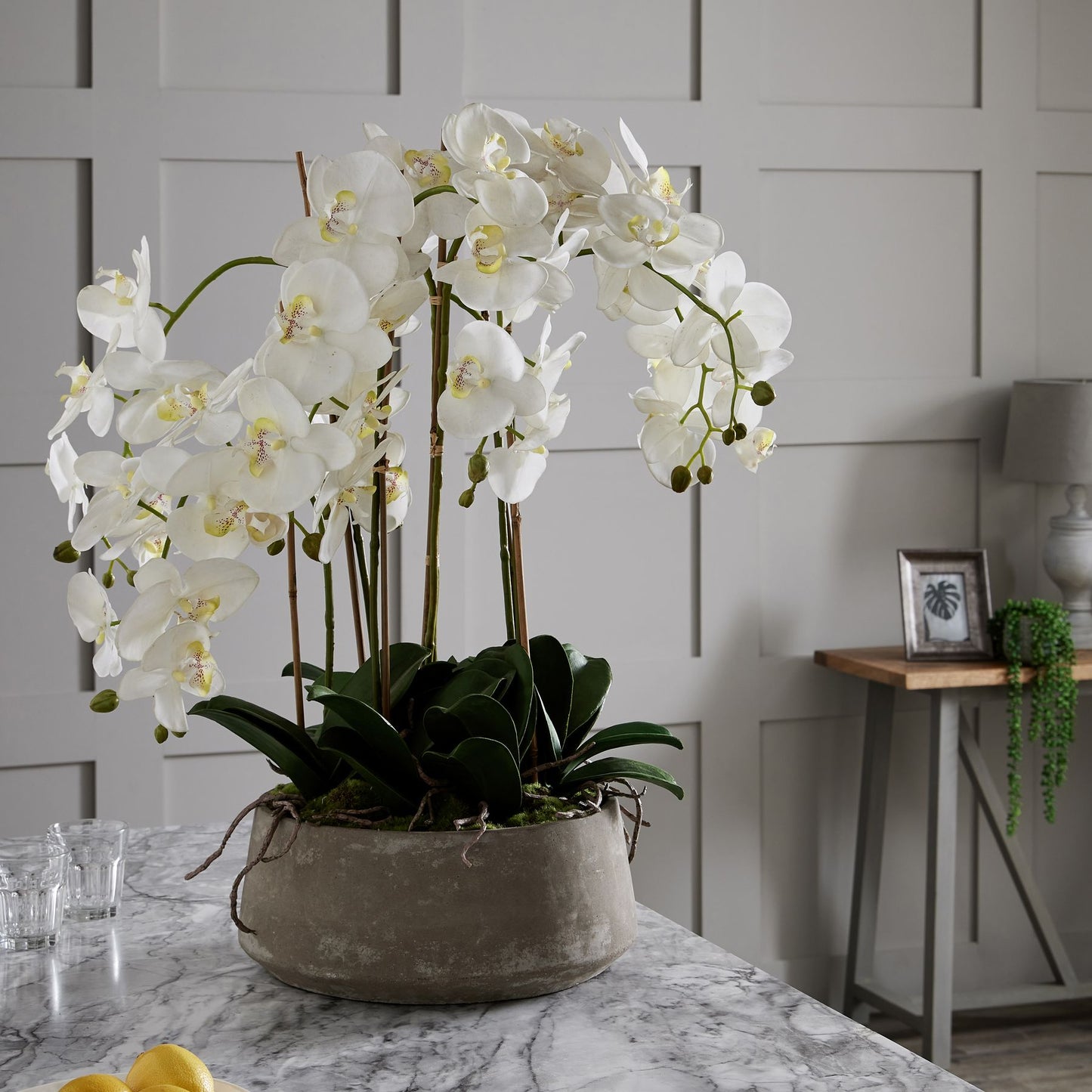 Large White Orchid In Stone Pot - All Artificial Flowers from the Quanta Home collection.