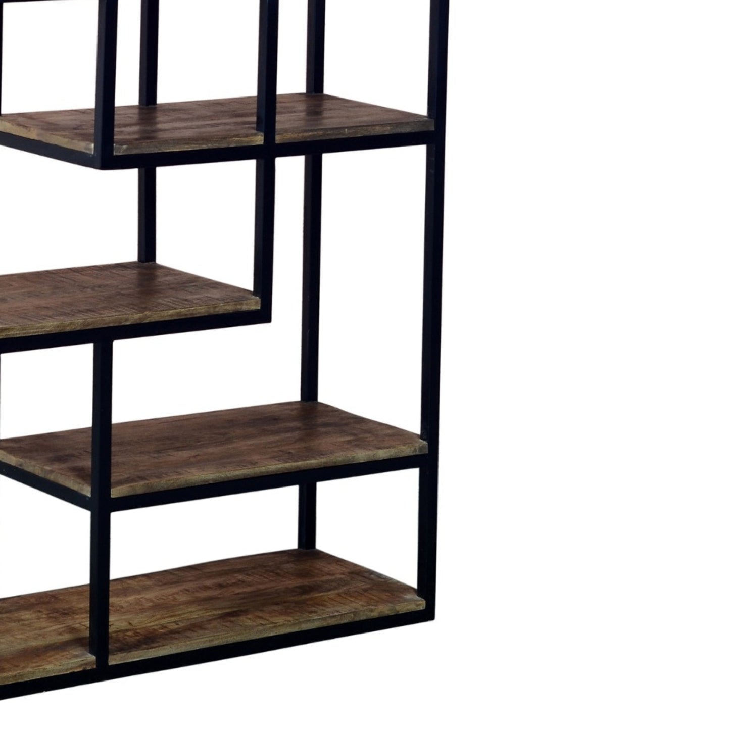 Multi-shelf unit with black metal frame and natural wood shelves, designed for stylish storage and room division.