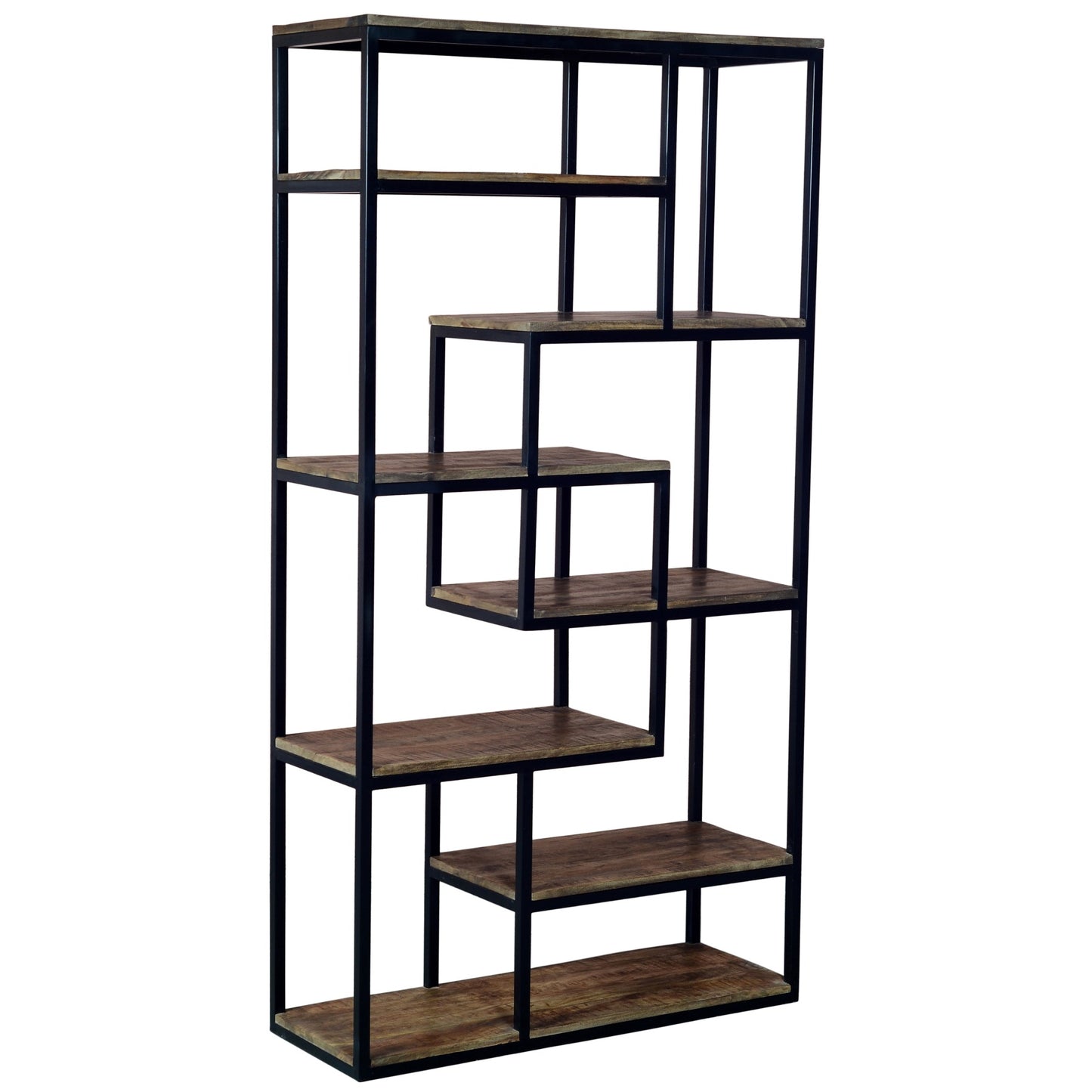 Industrial-style shelf unit with six wooden shelves and a sleek black metal frame, perfect as a display or room divider.