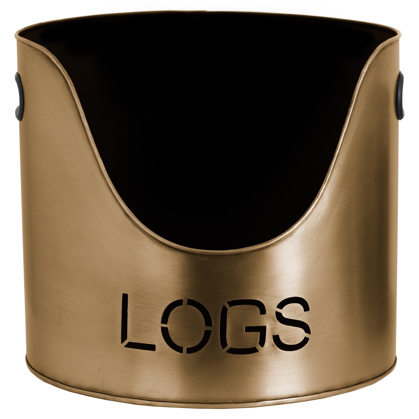 Elegant bronze-finish log bucket features cut-out lettering, offering a modern touch for fireplace organization and decor.