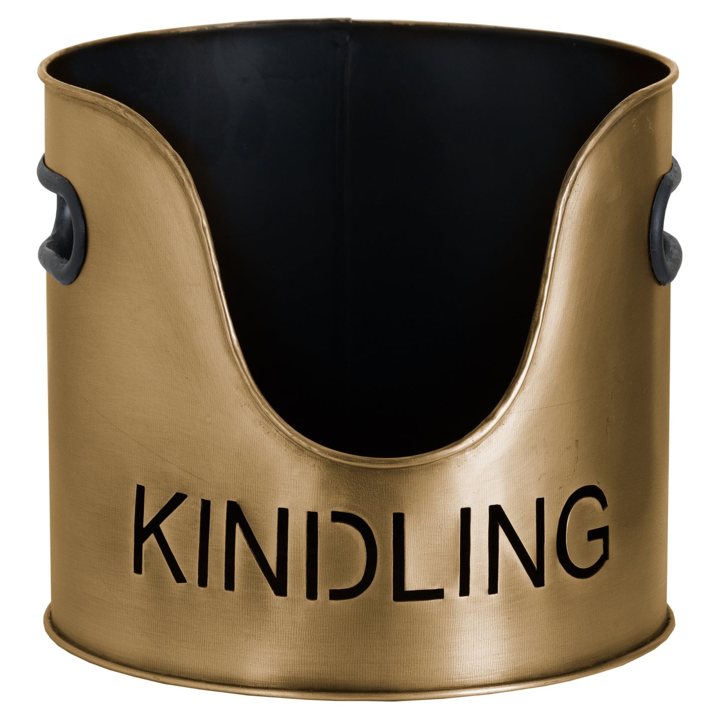 Elegant bronze kindling bucket with cut-out lettering, featuring a stylish antique finish and a modern design for luxurious fireside ambiance.
