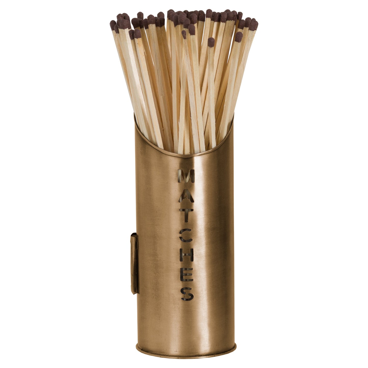 Bronze matchstick holder with cut-out lettering, filled with matches, showcasing an elegant and contemporary design.