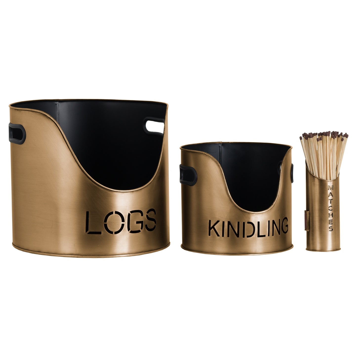 Set of three bronze finish buckets with black interiors: one for logs, one for kindling, and a matchstick holder, featuring cut-out lettering.