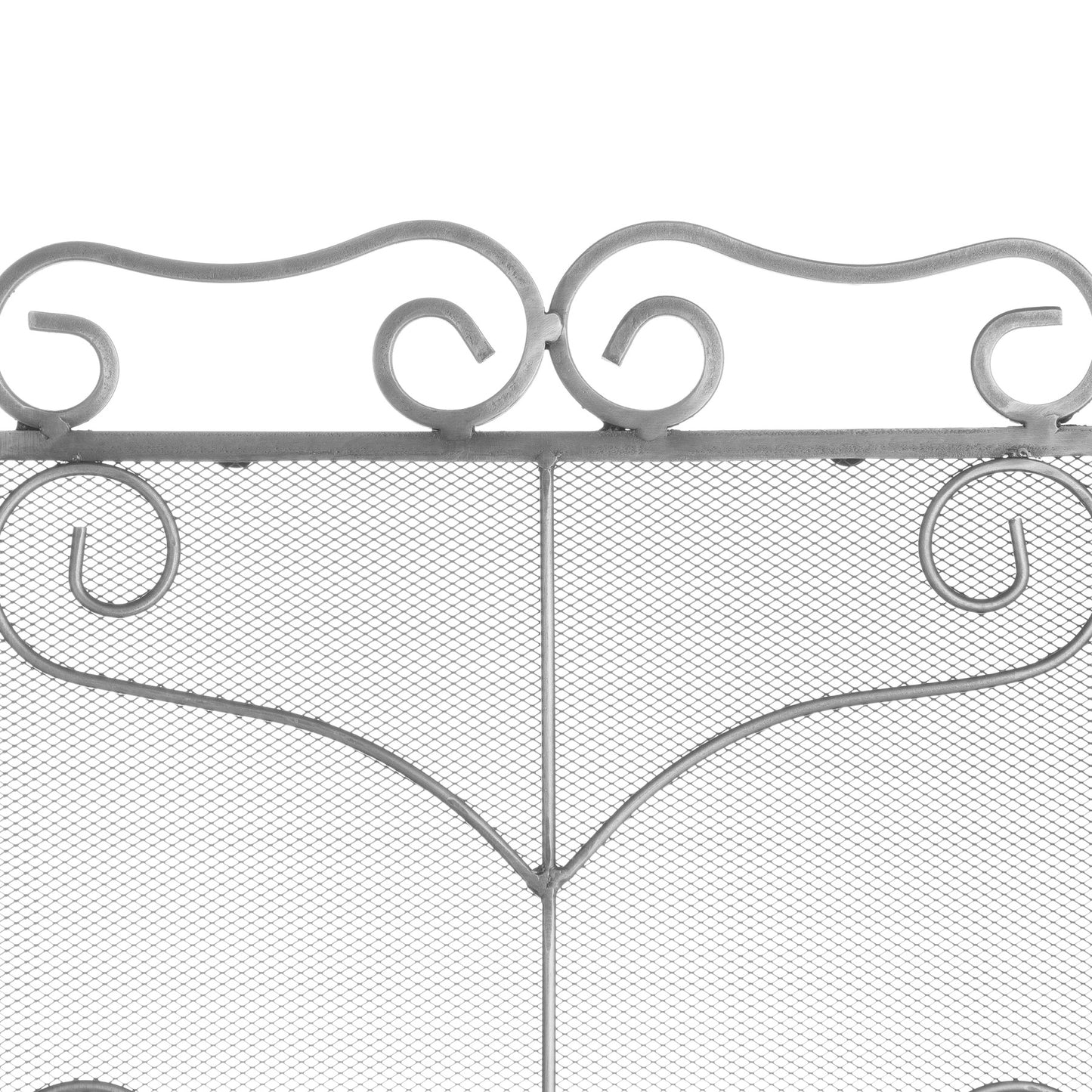 Antique silver three-panel fire screen with ornate scrollwork and leaf motifs, enhancing elegance in any hearth space.