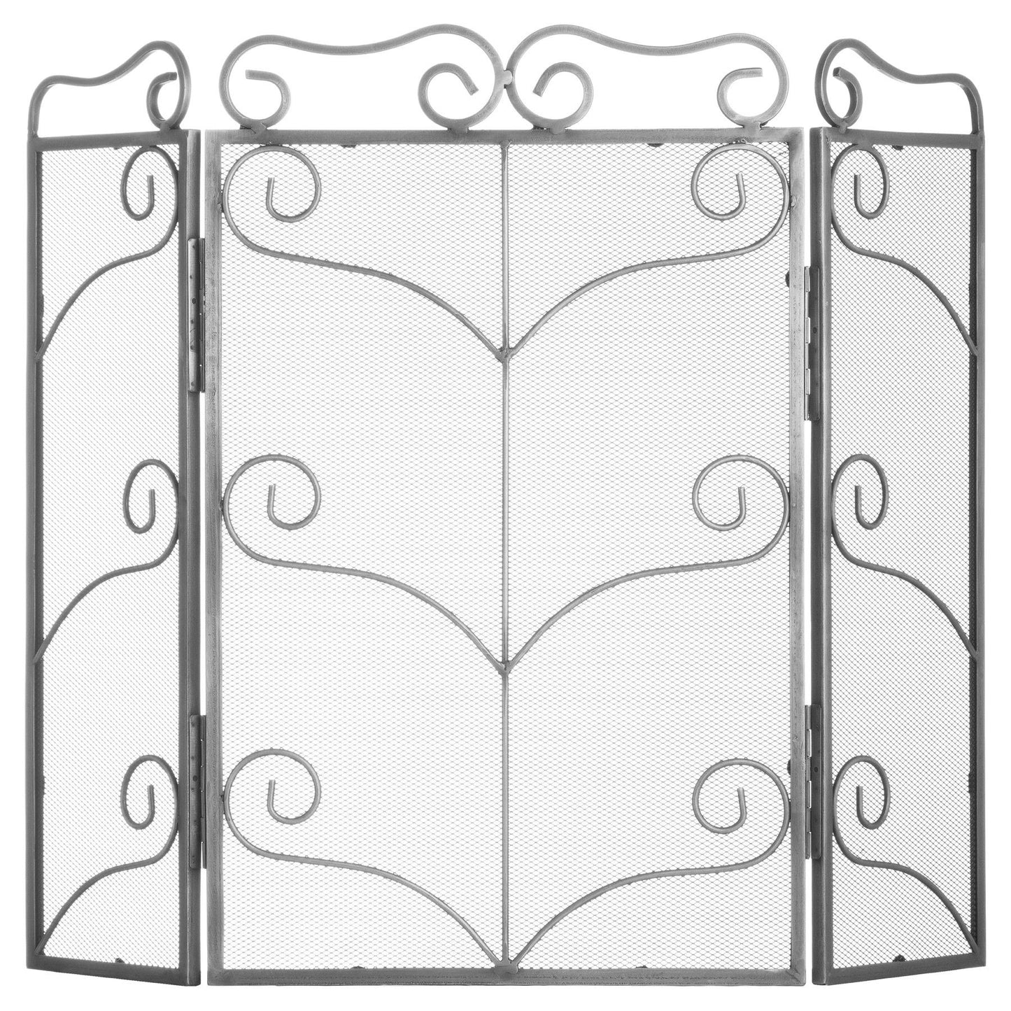 Antique silver three-panel fire screen featuring intricate scrollwork and leaf designs, enhancing any elegant living space.