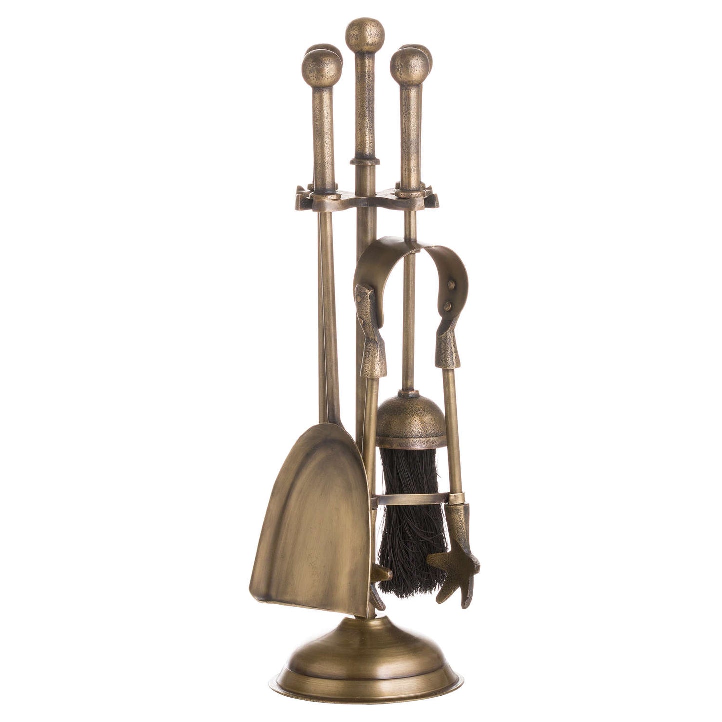 Antique brass companion set featuring a shovel, broom, tongs, and poker with elegant ball-topped handles.