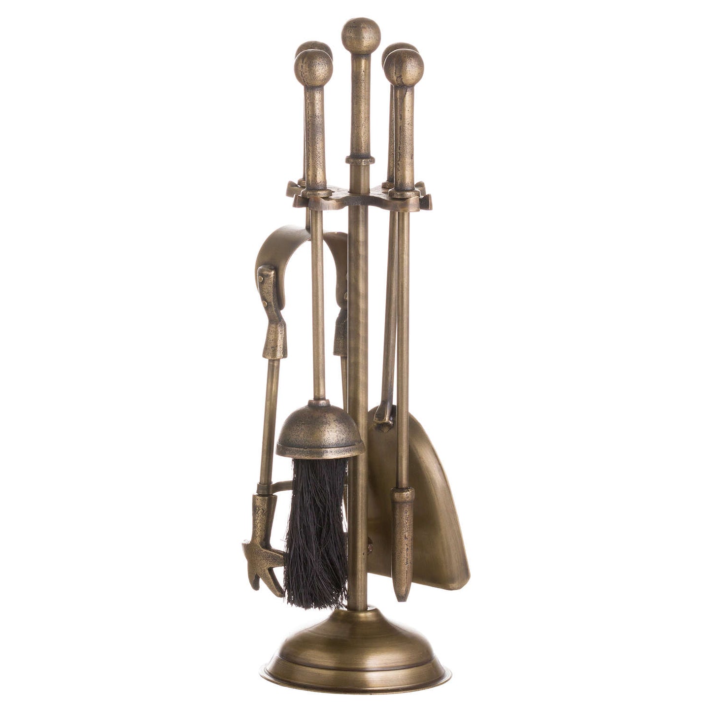 Antique brass fireside companion set featuring elegant ball-topped handles, brushes, and a shovel for a timeless look.