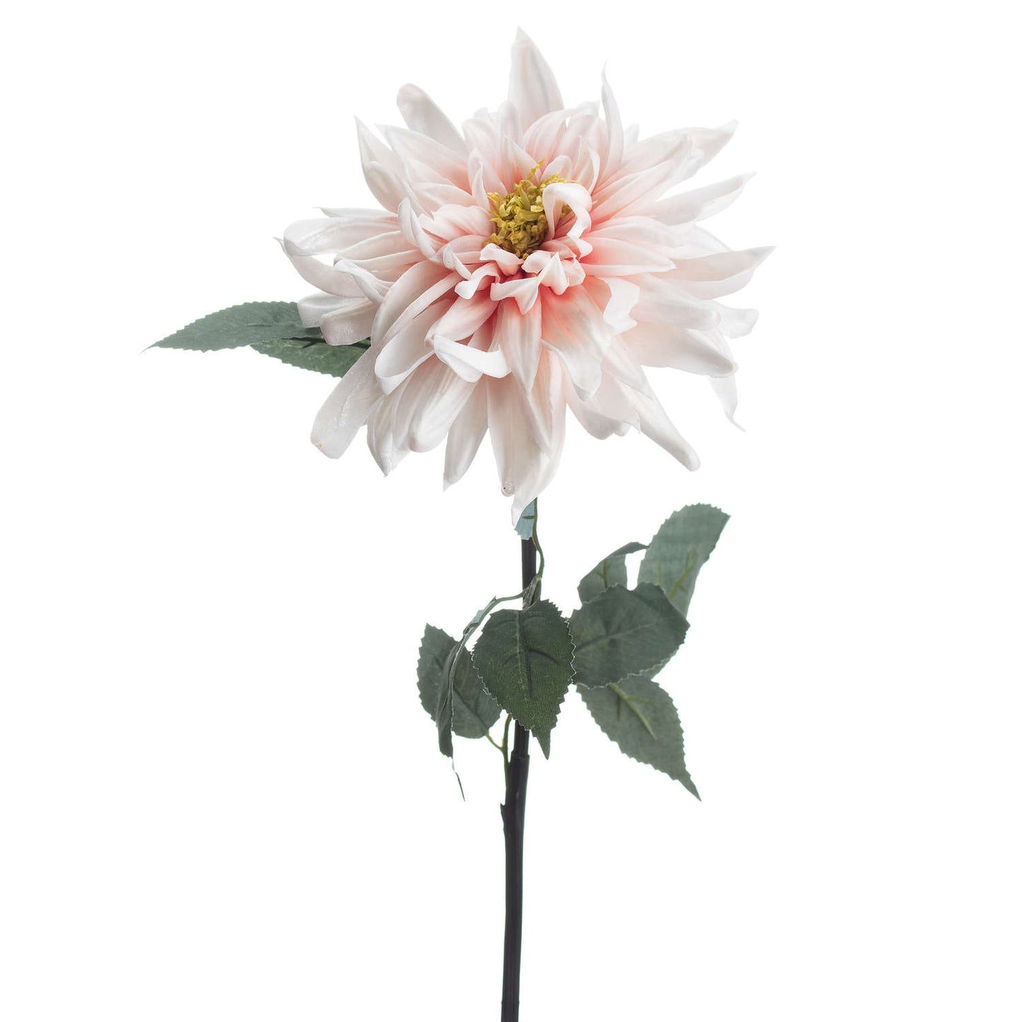 Lush pink dahlia with lifelike petals and vibrant hues, accompanied by green leaves, on a slender stem.
