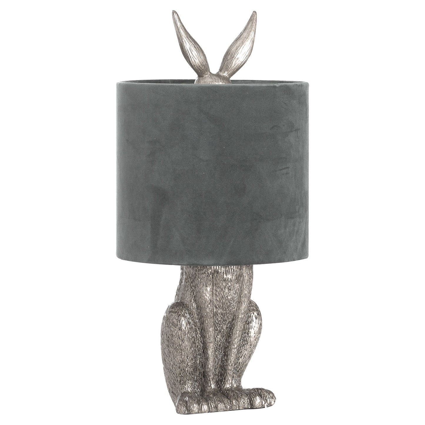 Table lamp with a playful silver hare base and a soft grey velvet shade, adding whimsical elegance to any space.