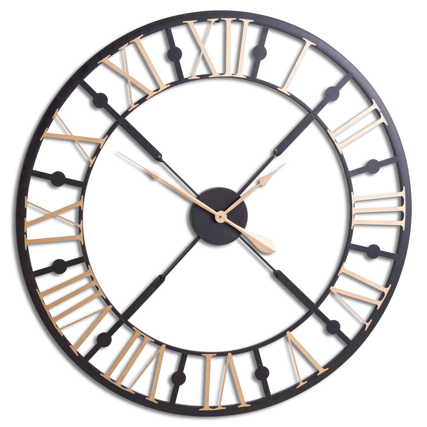 Black and gold wall clock with an intricate skeleton design, featuring Roman numerals and decorative hands that enhance elegance.